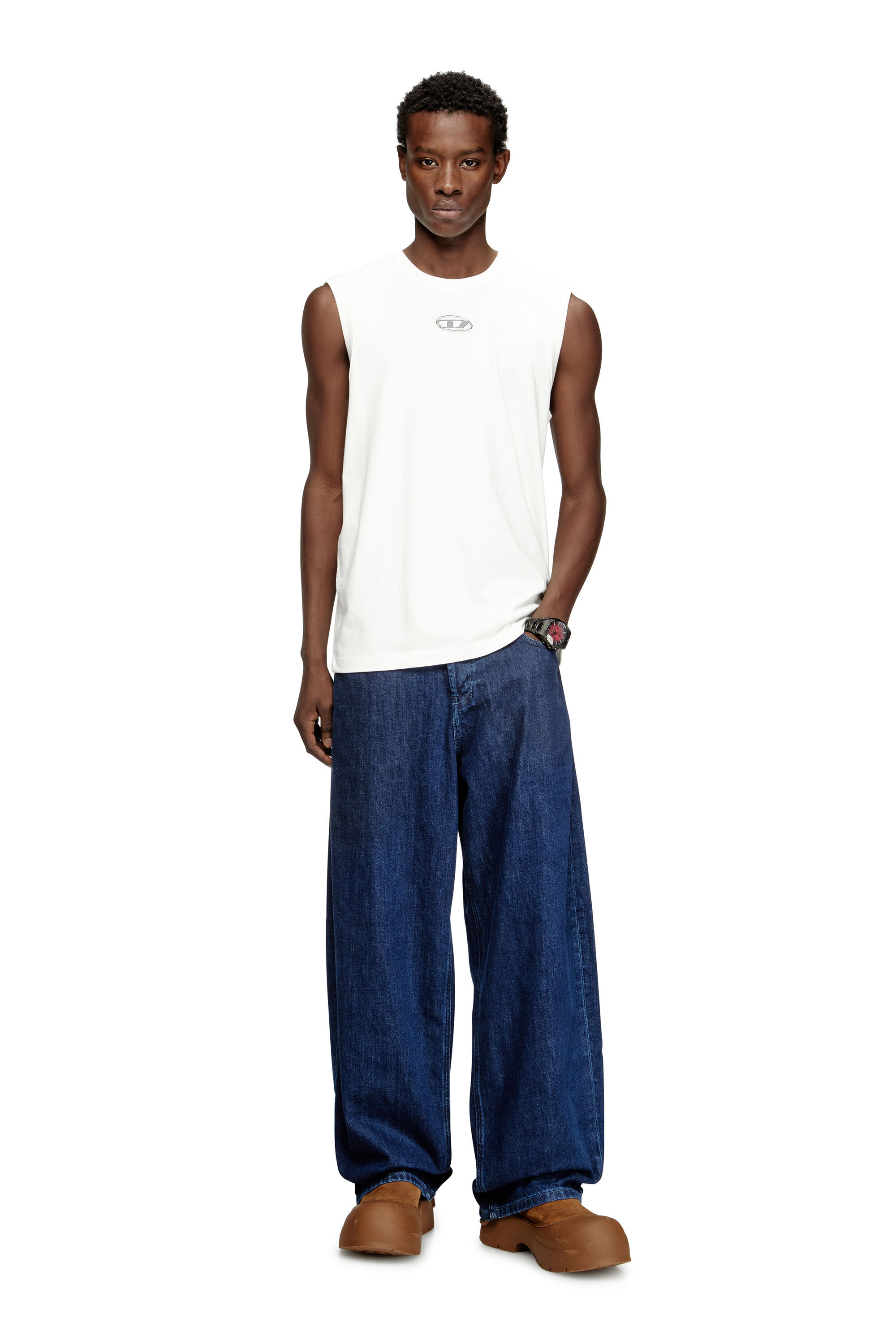 Diesel - T-BISCO-IOD, Man's Sleeveless cotton top with metallic Oval D in White - 1