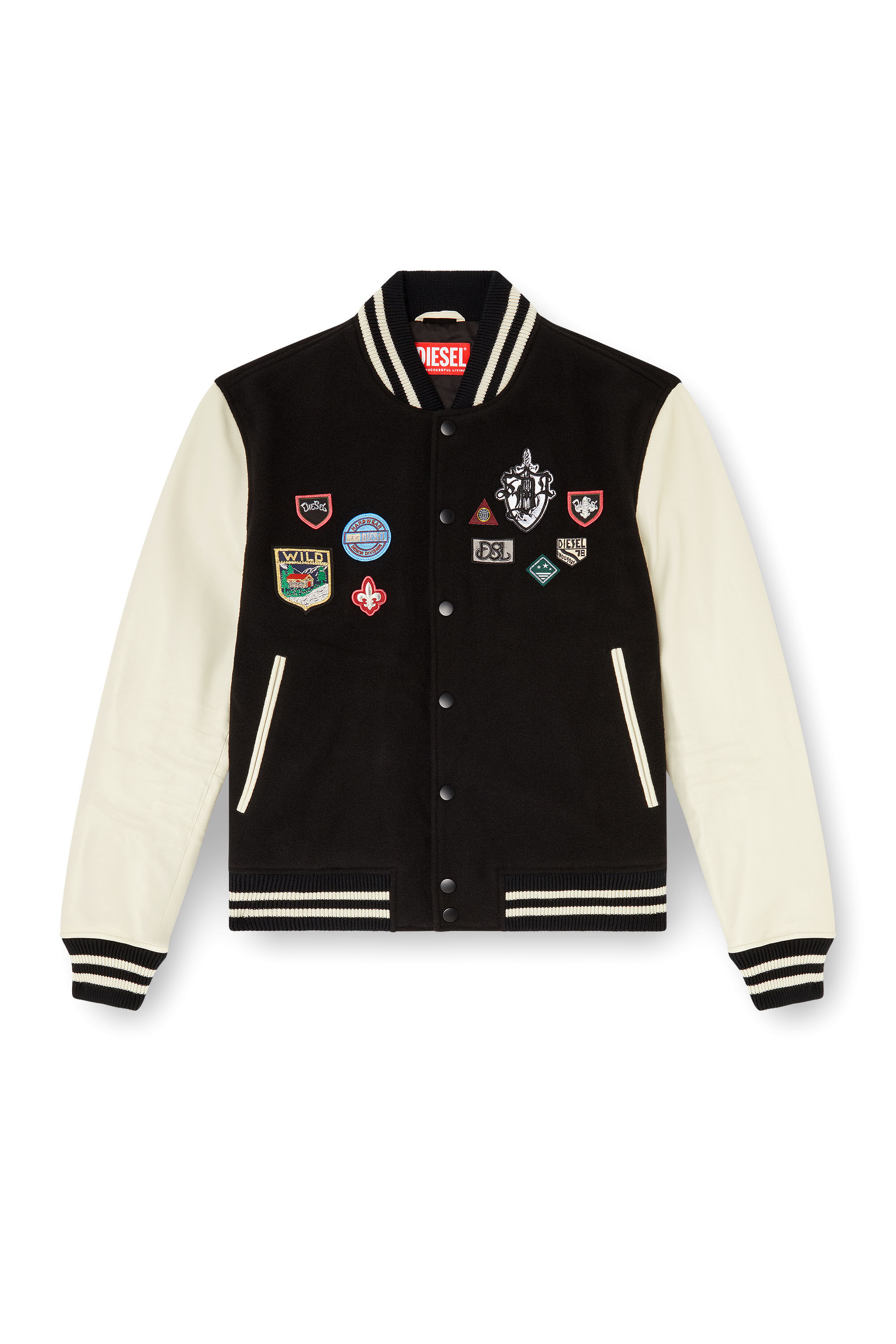 Diesel - L-ARRY-PATCH, Man's Wool and leather bomber jacket with patches in White/Black - 2