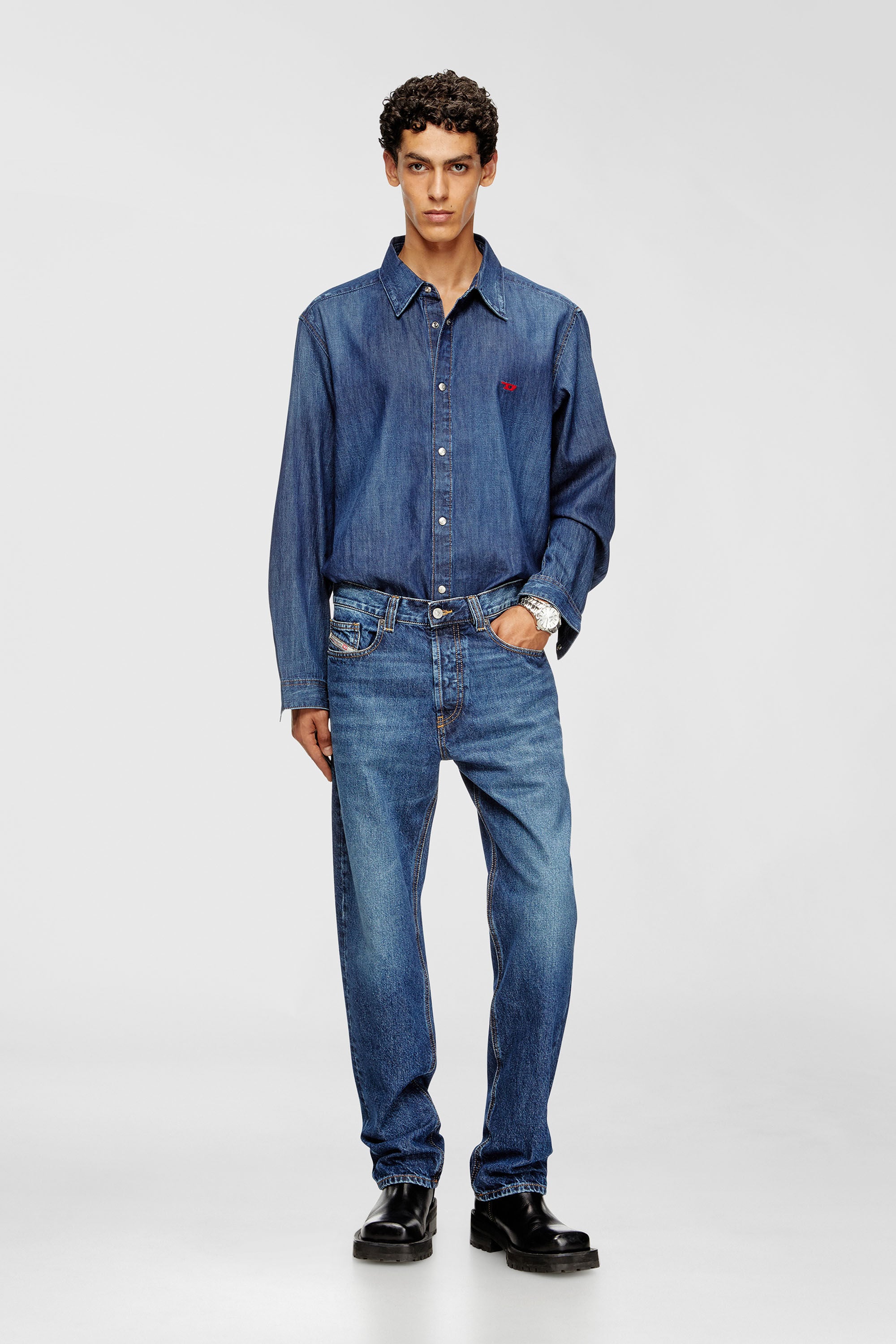 Diesel - D-SIMPLY, Man's Denim shirt with embroidered logo in Medium blue - 1