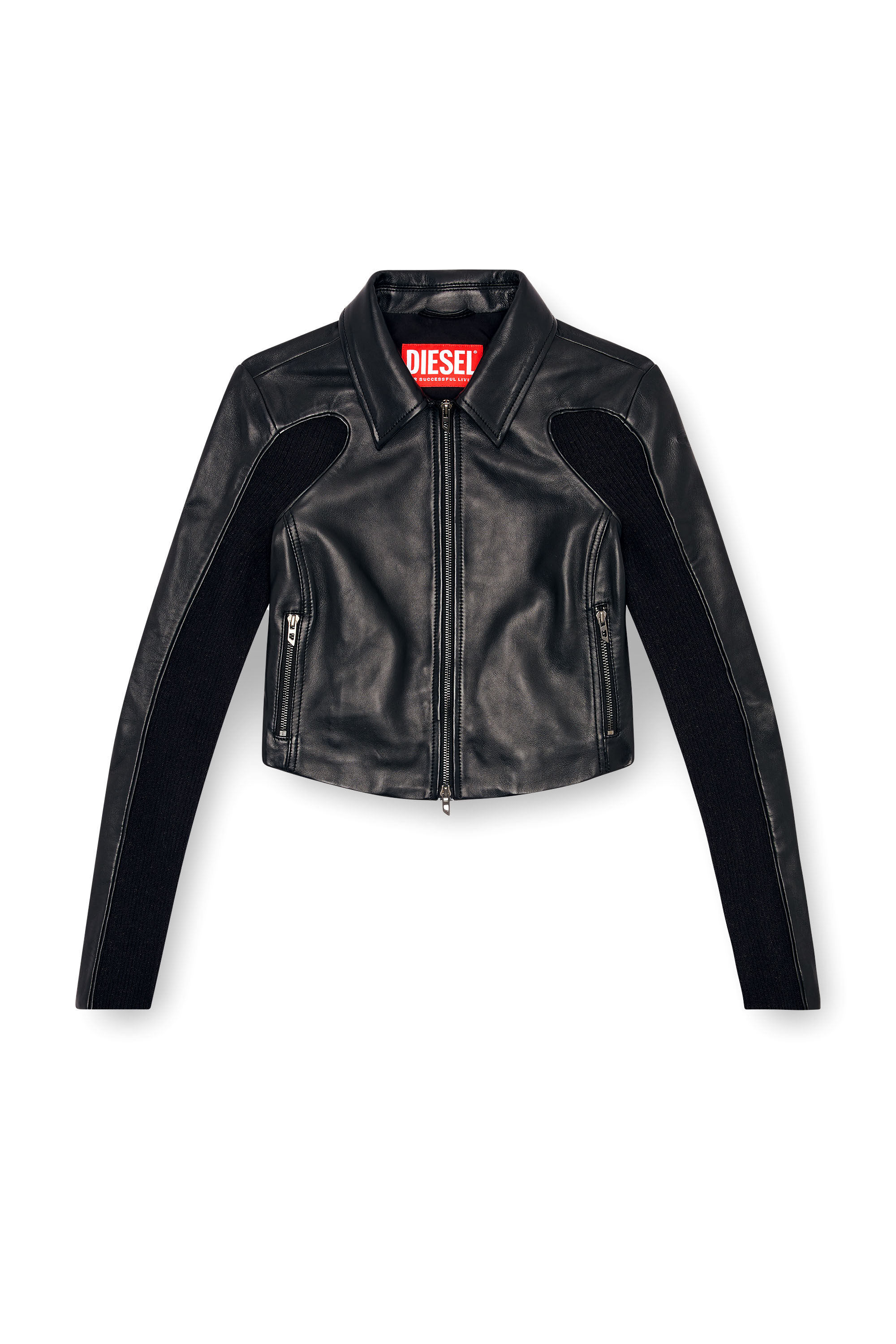 DIESEL>>ディーゼル L-トーテム-P1 レザージャケット Women's Cropped leather jacket with knit inserts | Black