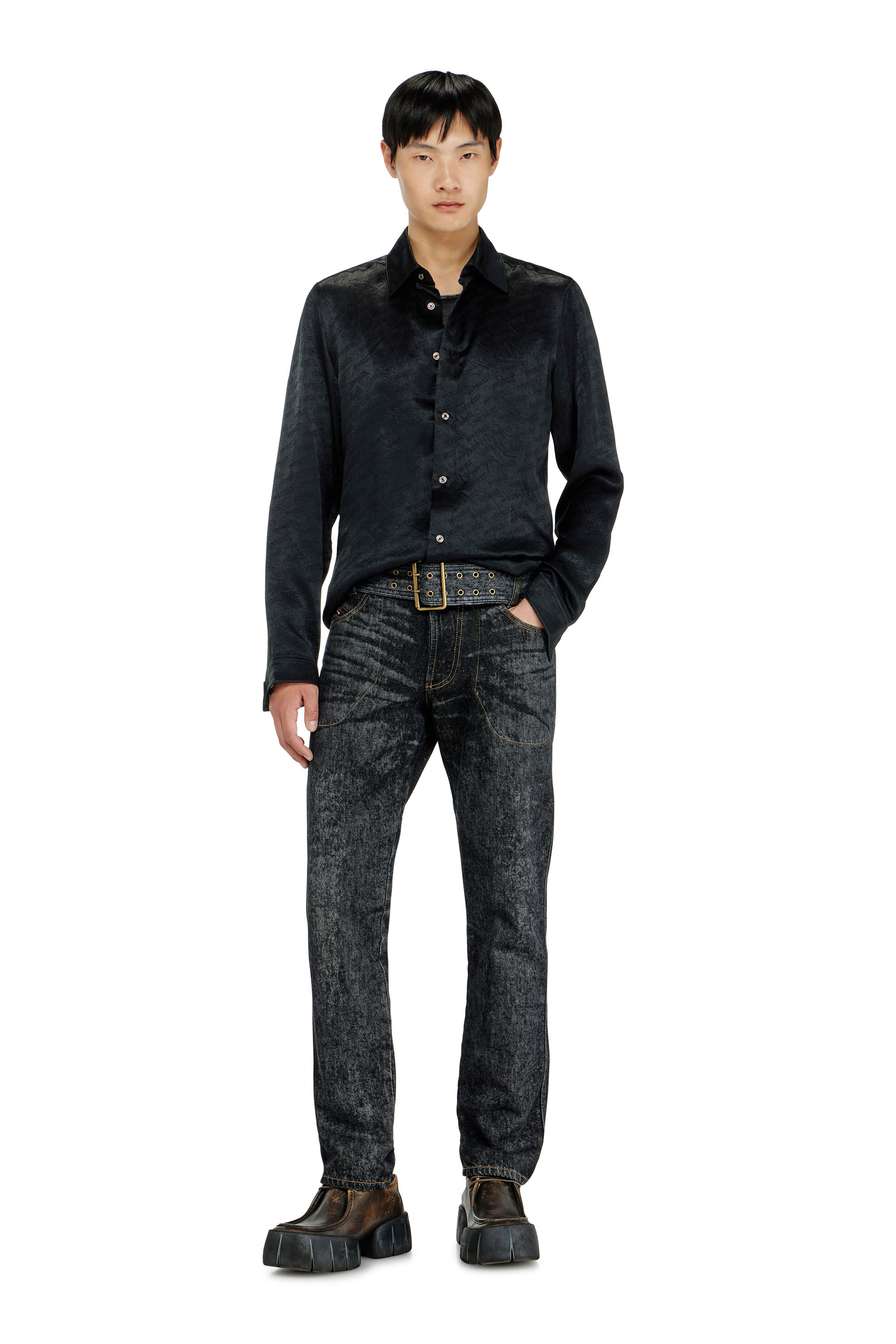 Diesel - S-KINNY-EFBZ, Man's Shirt in logo-jacquard crinkled satin in null - 1