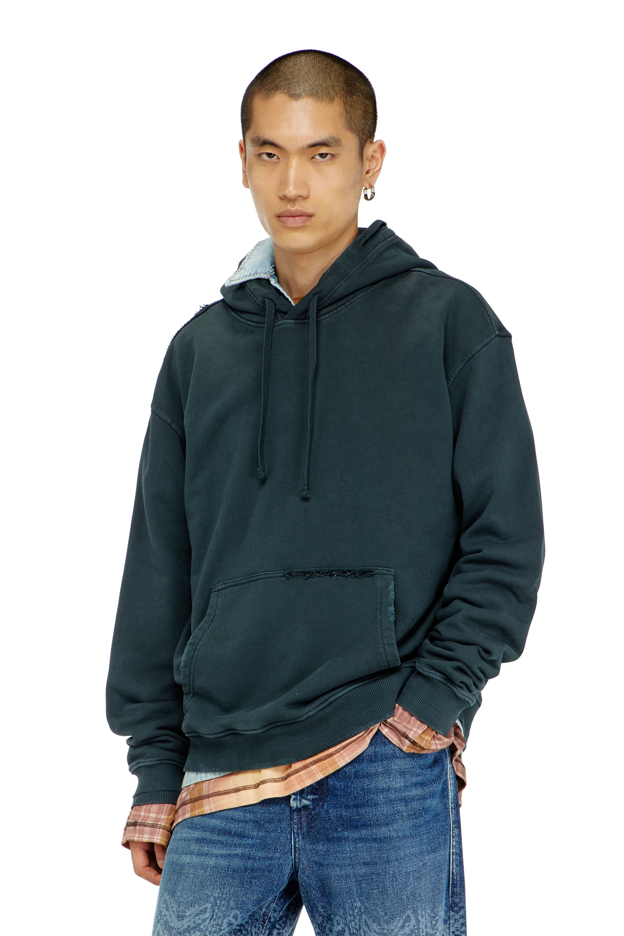 Diesel - S-NORM-HOOD-CRYSTALS, Man's Hoodie with rips and crystal details in Dark Green - 3