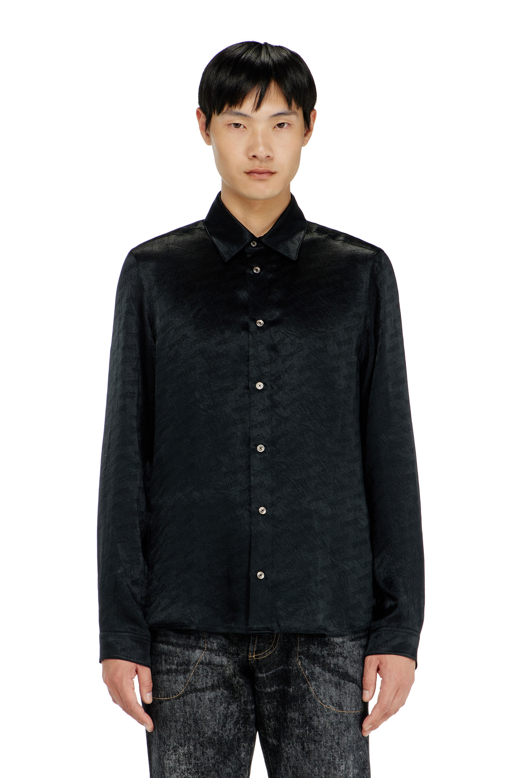Diesel - S-KINNY-EFBZ, Man's Shirt in logo-jacquard crinkled satin in null - 3