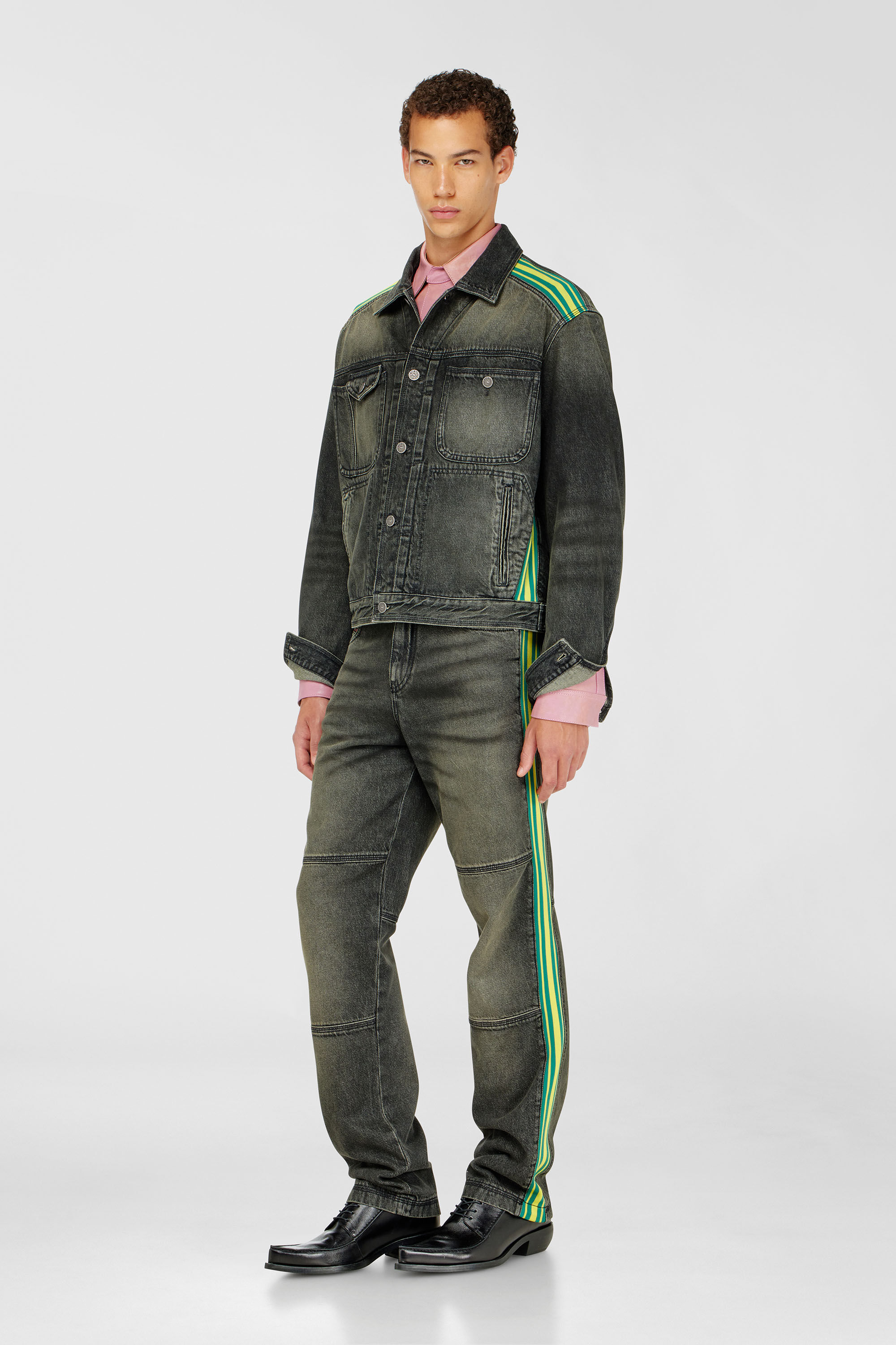 Diesel - D-BAS-FSJ1, Man's Trucker jacket with striped shoulder bands in Dark grey - 1