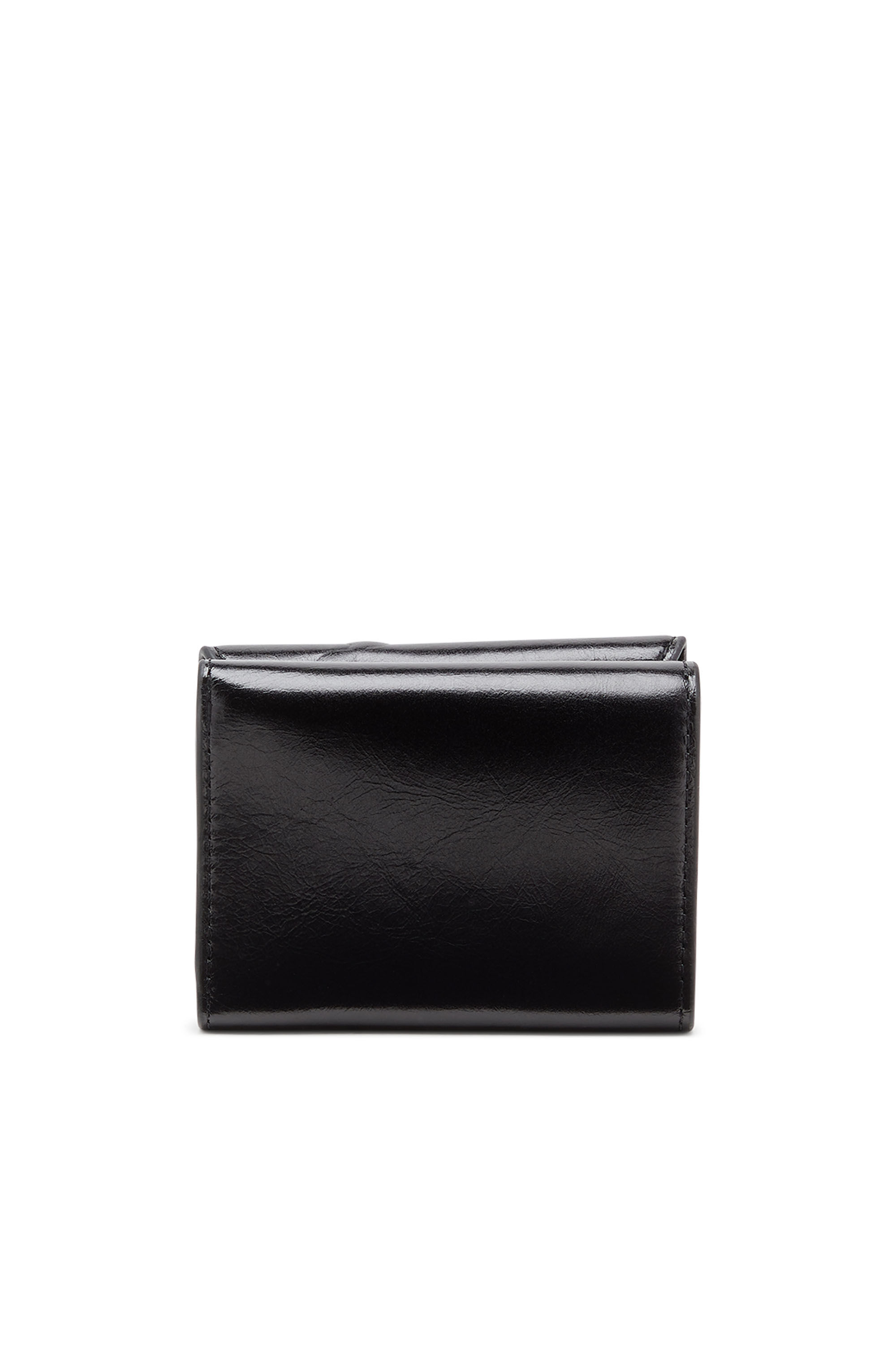 Women's Leather tri-fold wallet with embossed chain motif | Black