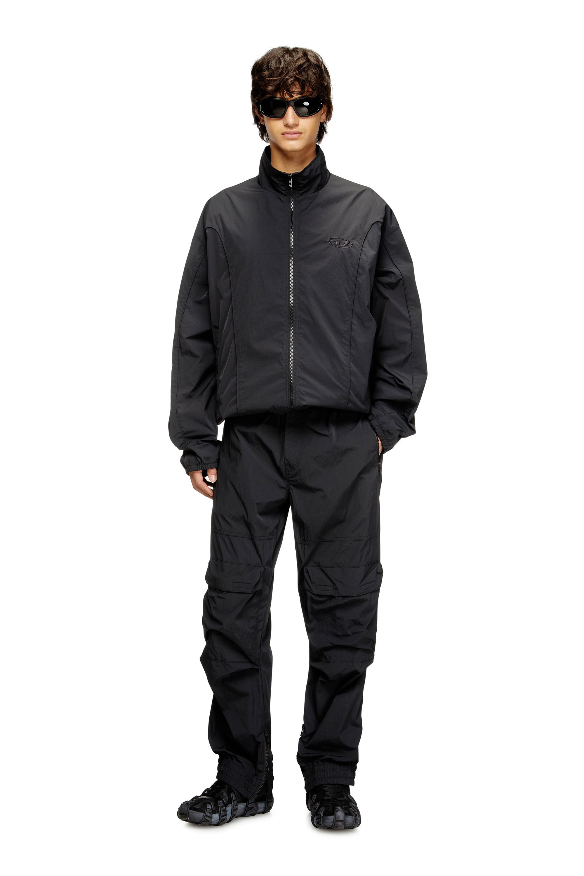 DIESEL キルティングニットジャケット Men's Crinkled-nylon jacket with piping | Black | Diesel
