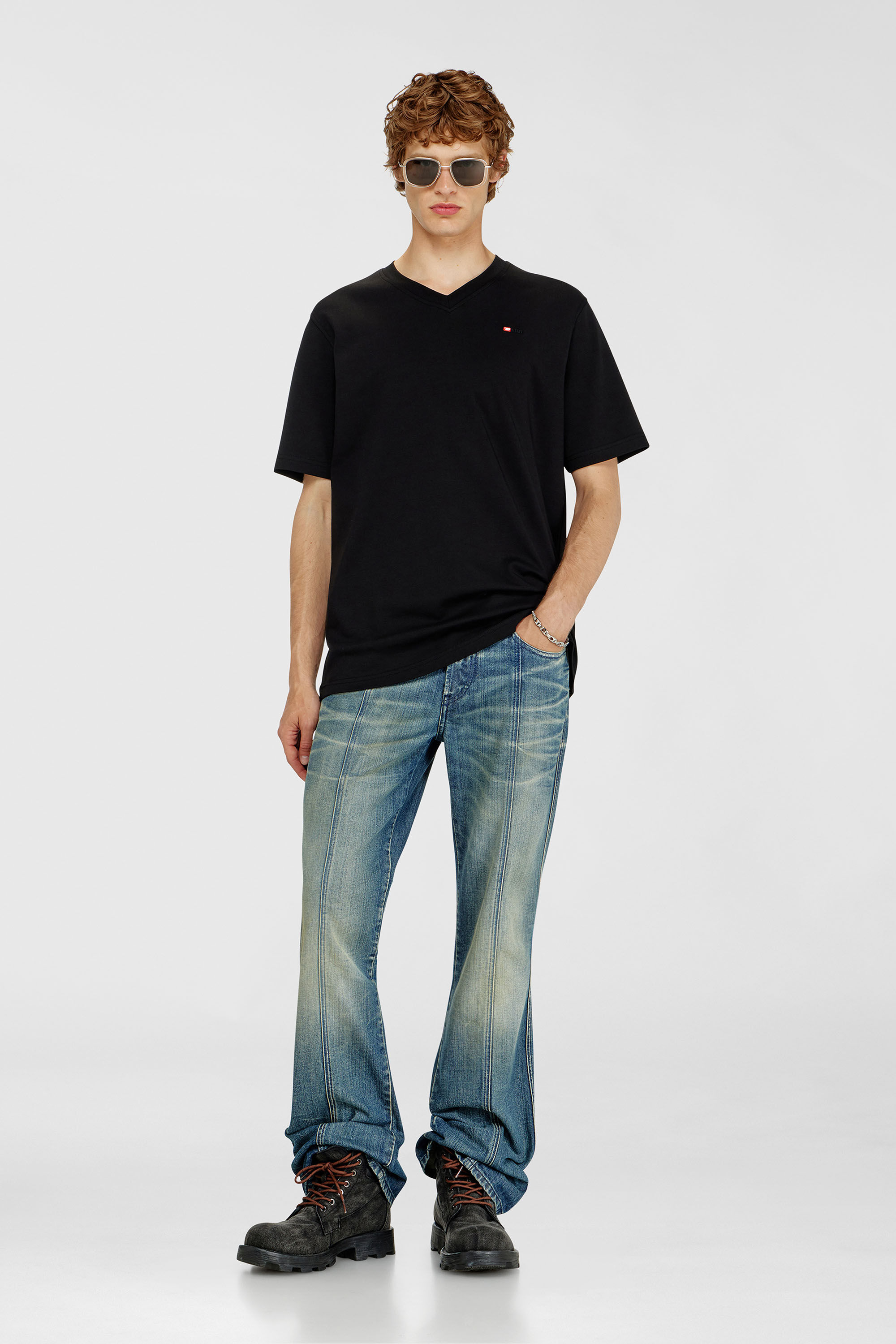 Diesel - T-ADJUST-V-MICRODIV, Man's V-neck T-shirt with micro logo embroidery in Black/Red - 1