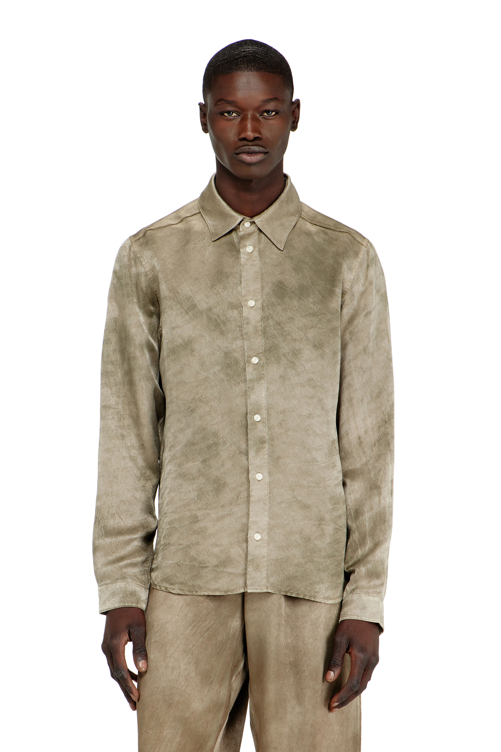 Men's Shirt in logo-jacquard crinkled satin | Brown | Diesel