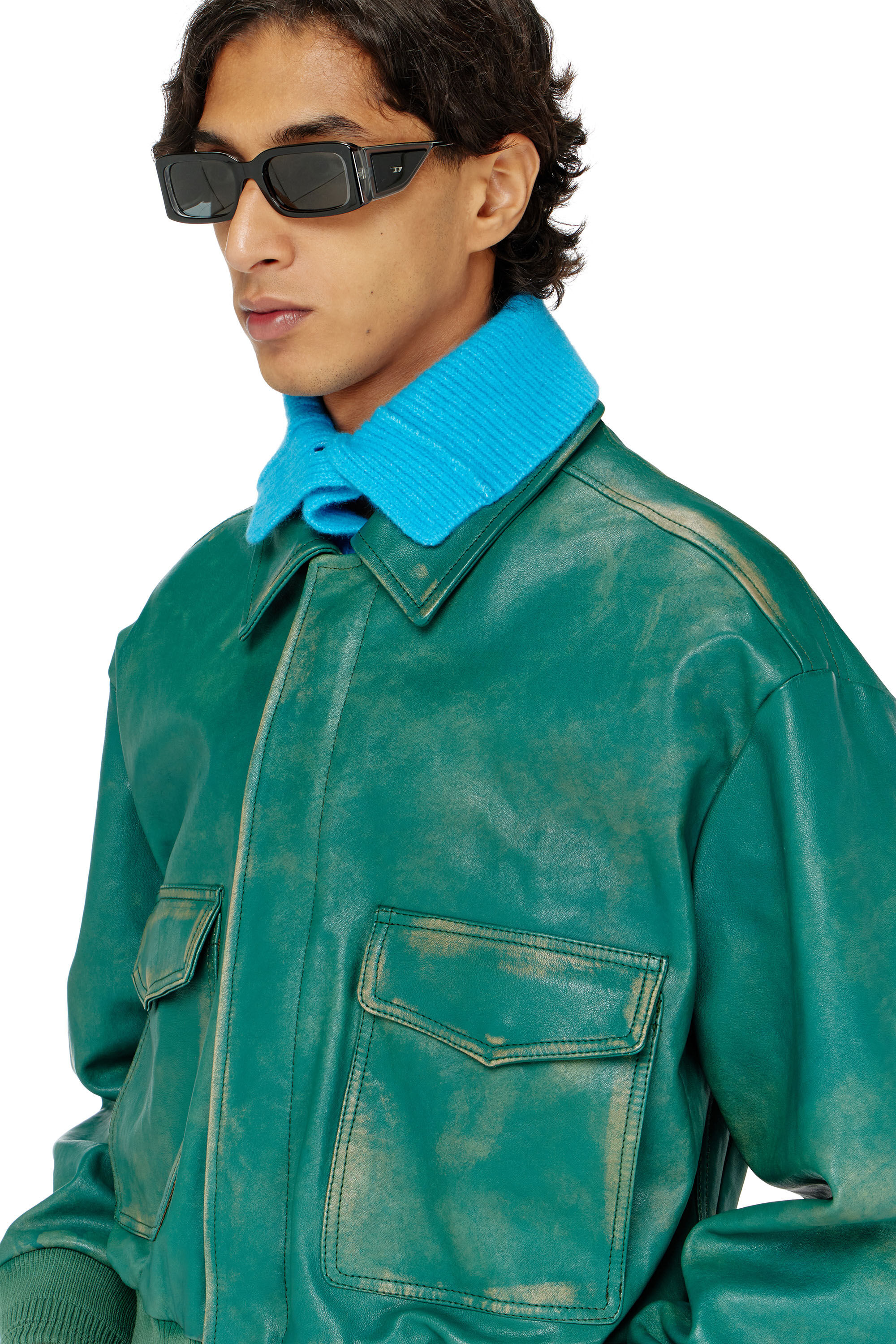 Diesel - L-UMAN, Man's Aviator jacket in treated leather in Green - 5
