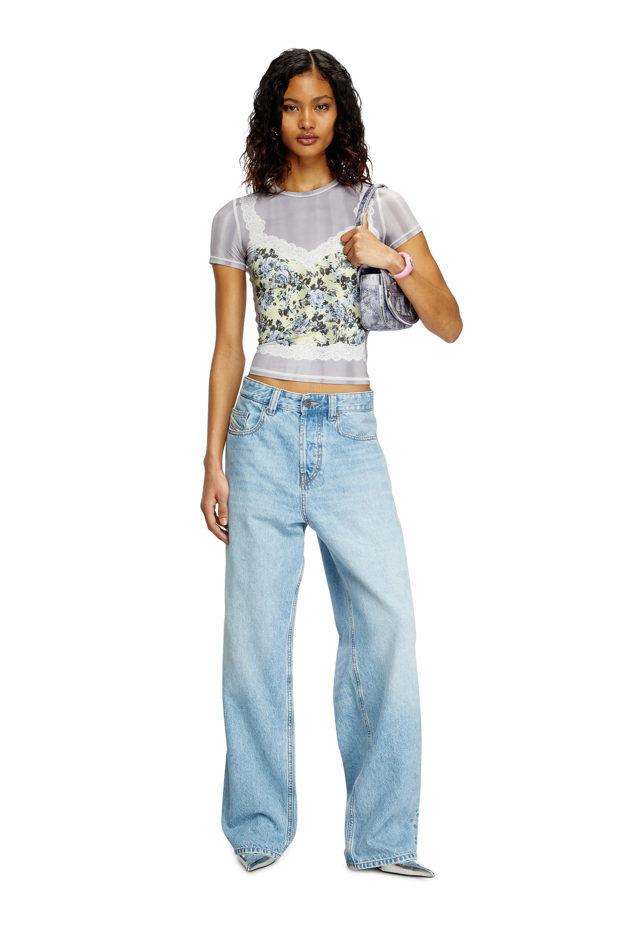 Women's Stretch T-shirt with trompe l'oeil cami | Grey | Diesel