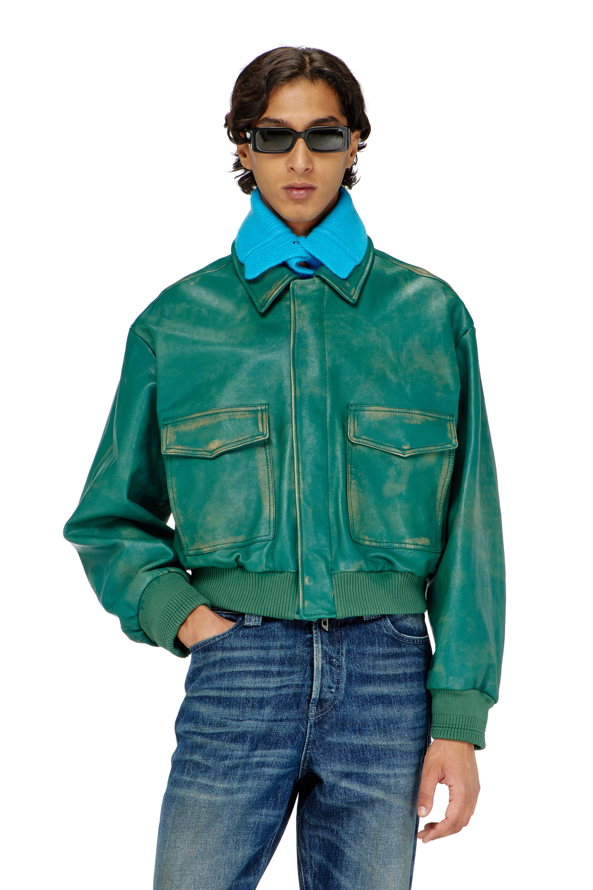 Diesel - L-UMAN, Man's Aviator jacket in treated leather in Green - 3