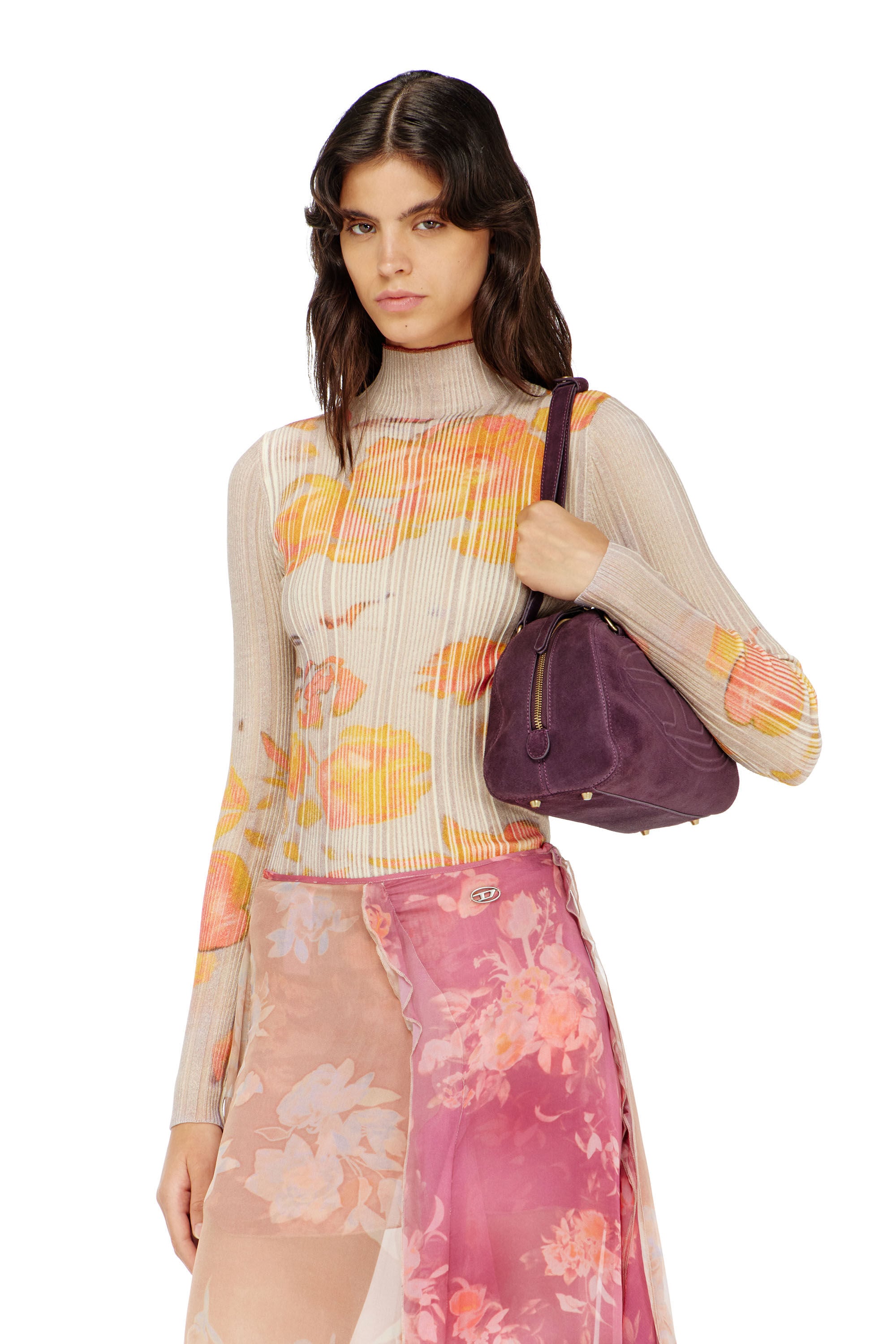 Women's Ribbed wool turtleneck top with floral print | ToBeDefined