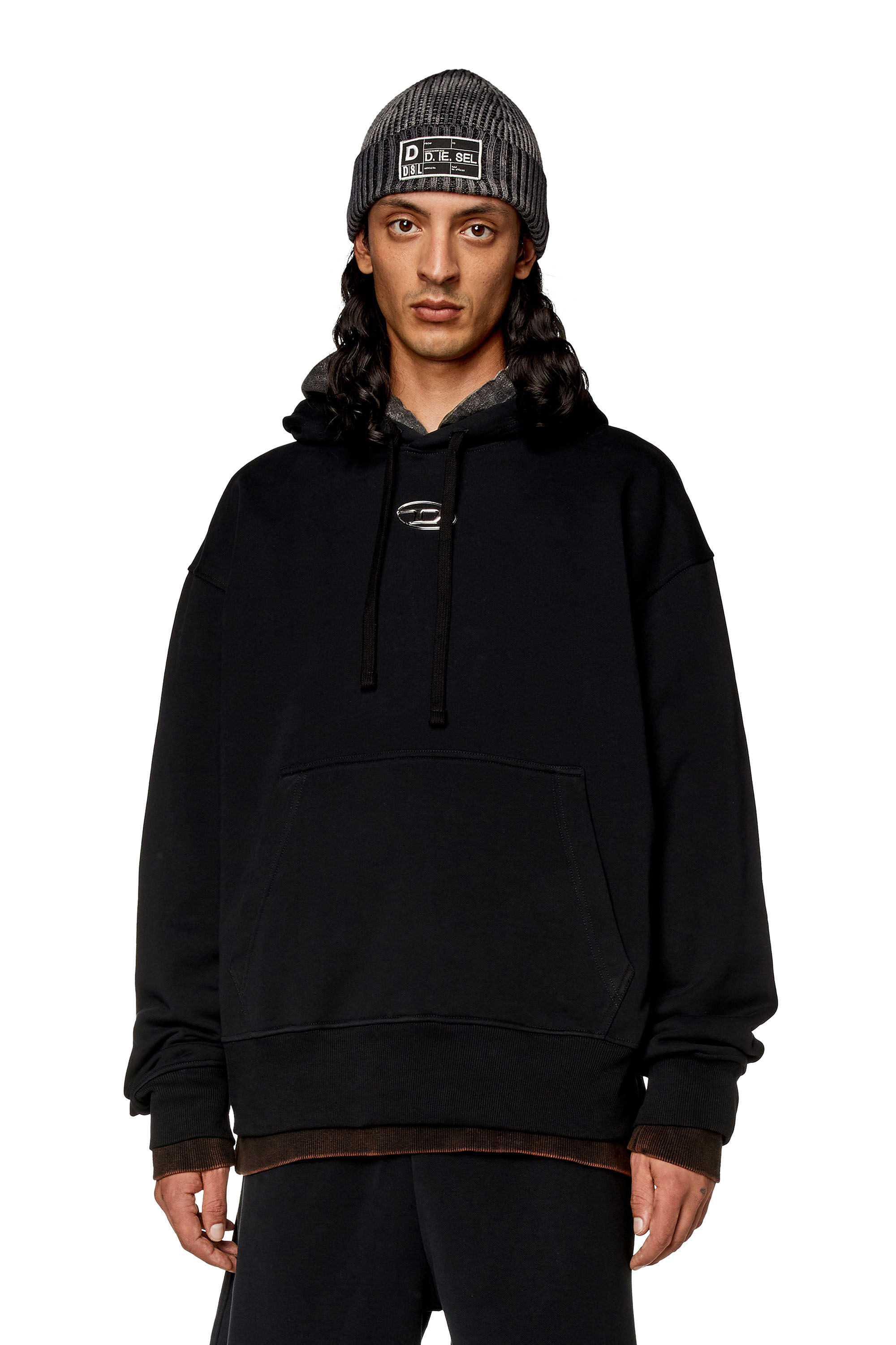 Men s Oversized hoodie with metallic logo Black Diesel