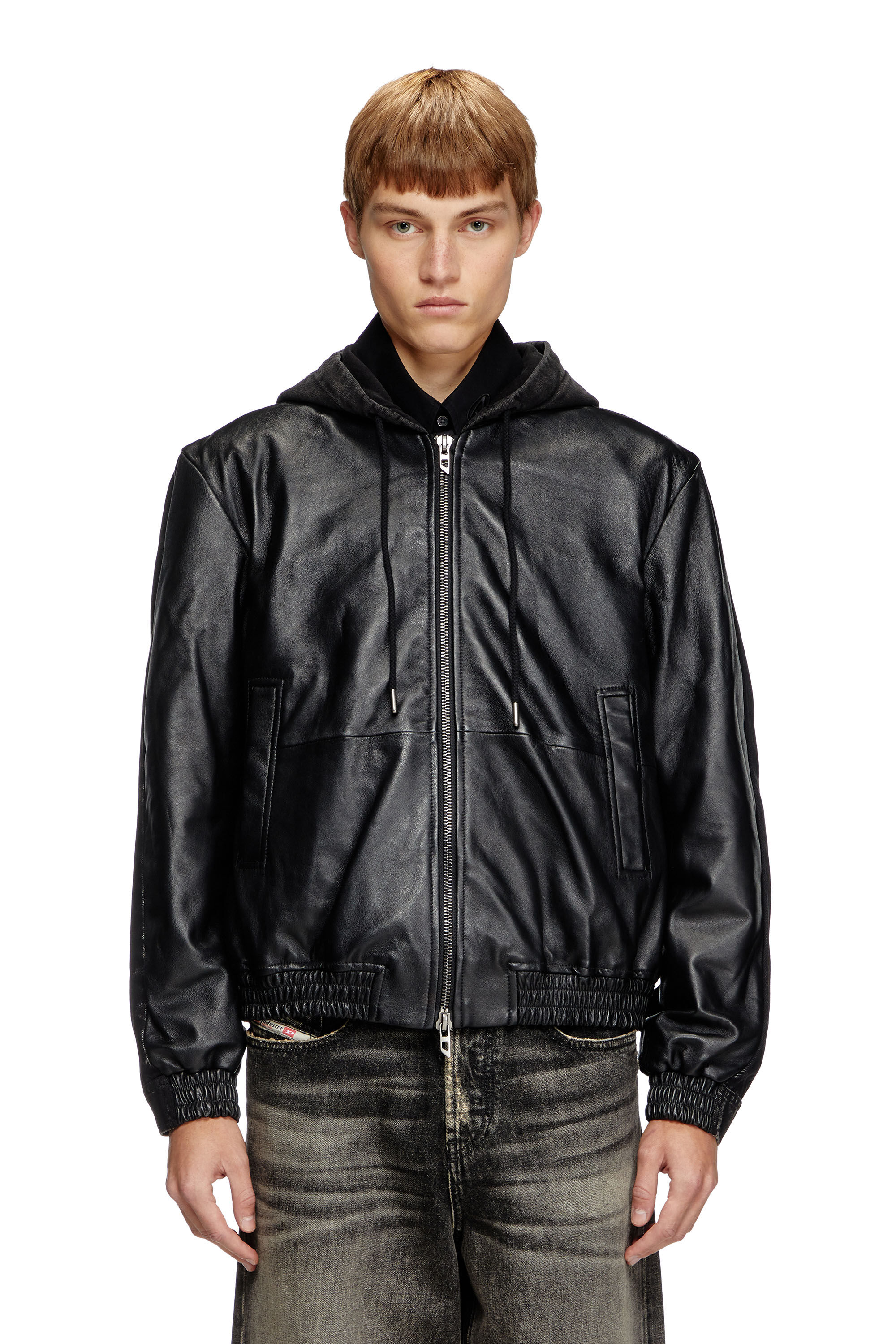 ジャケット・アウター DIESEL leather hoodie jacket black Men's Hooded jacket in leather, cotton and denim | Black | Diesel HU