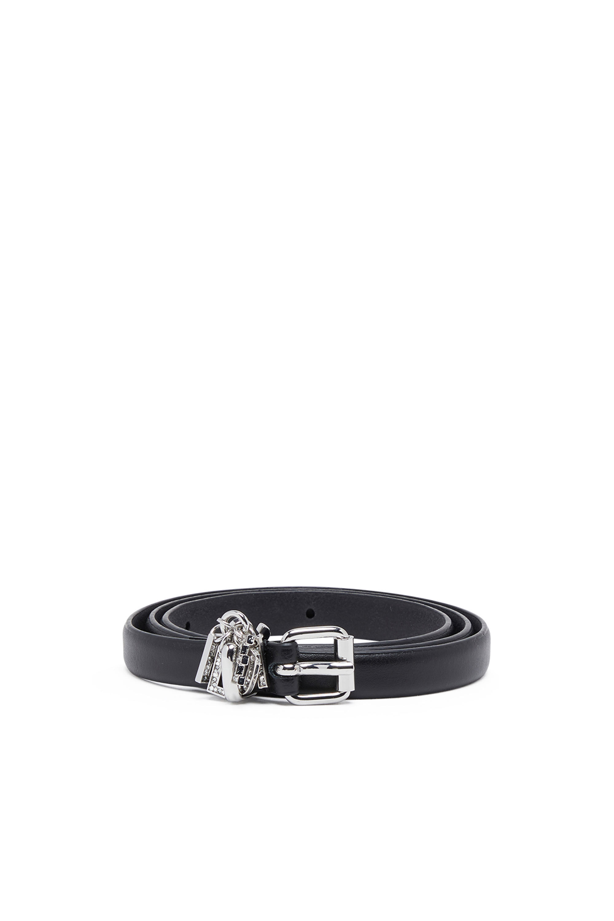 Women's 1.4cm leather belt with crystal logo charms | Black