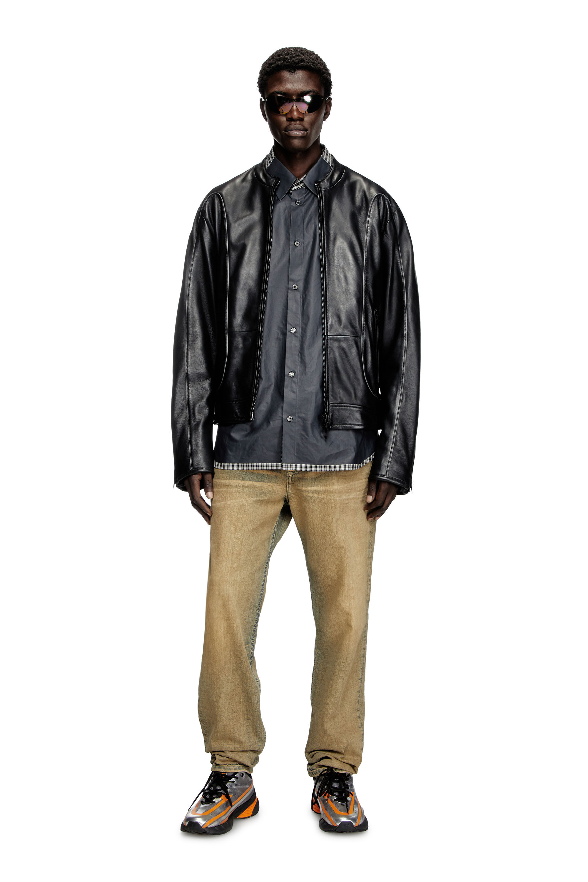 Men's Leather biker jacket with piping detail | Black | Diesel