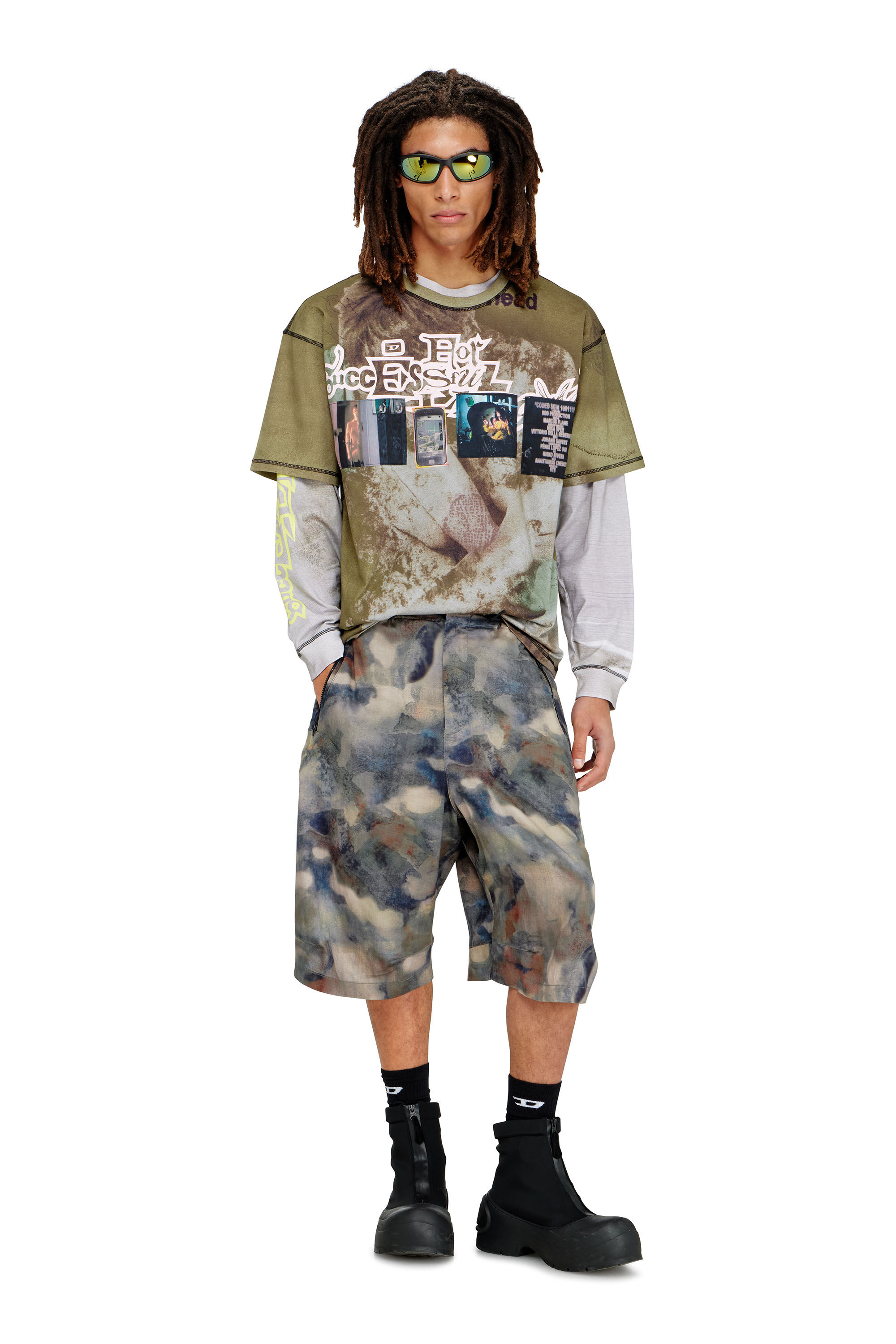 Diesel - T-BOXT-V5, Man's Relaxed T-shirt with all-over prints and patches in Green - 1