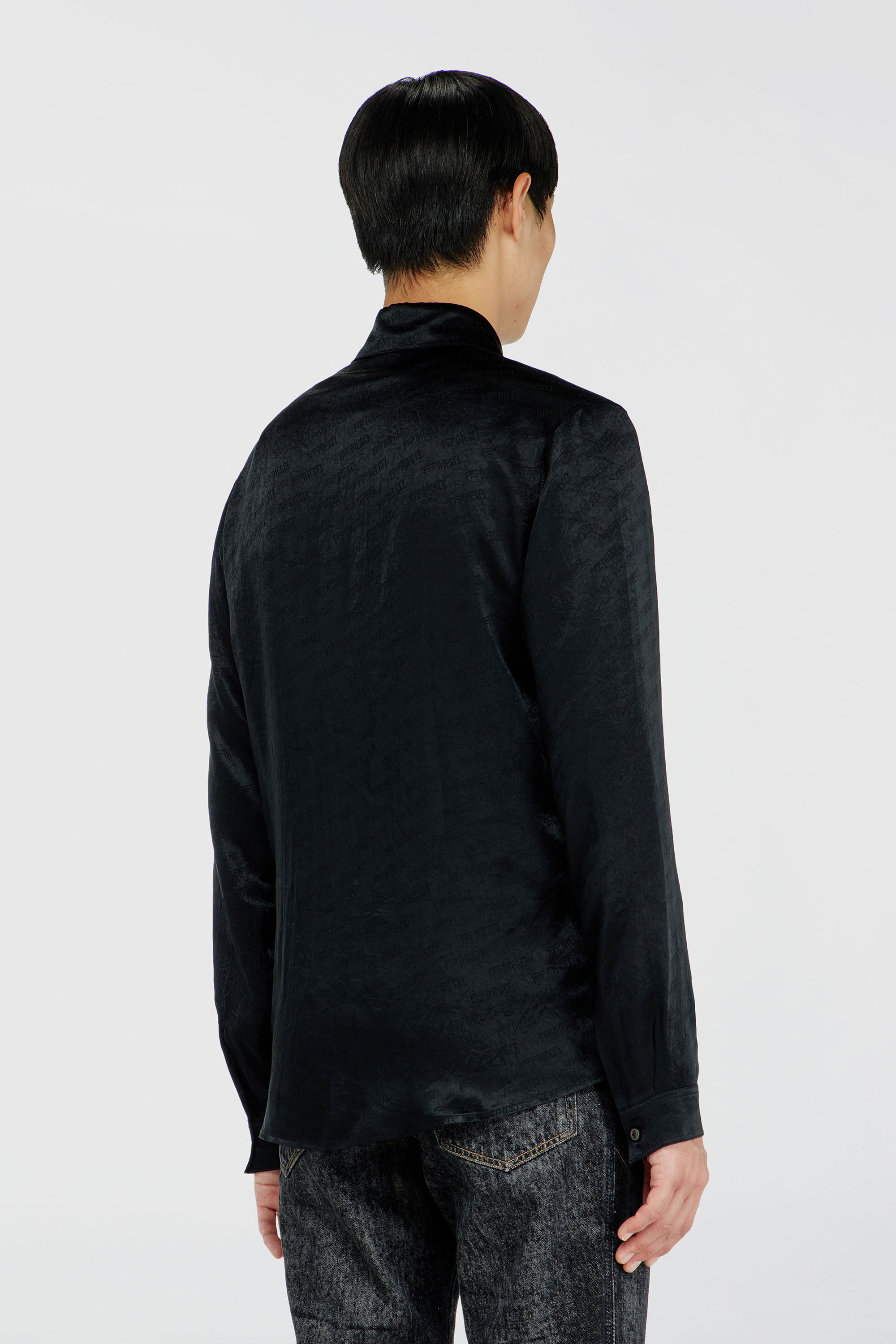 Diesel - S-KINNY-EFBZ, Man's Shirt in logo-jacquard crinkled satin in Black - 4