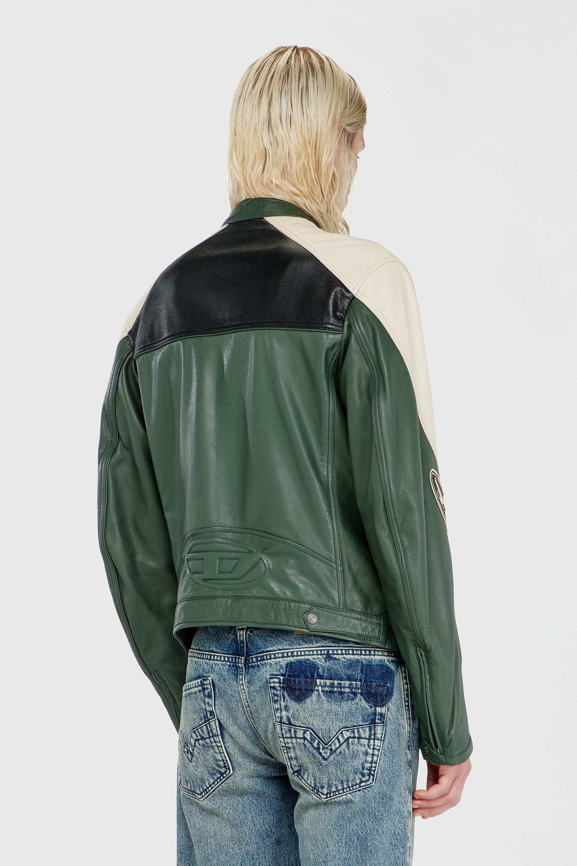 Diesel - L-AHTI, Man's Biker jacket in colour-block perforated leather in Beige/Black - 4