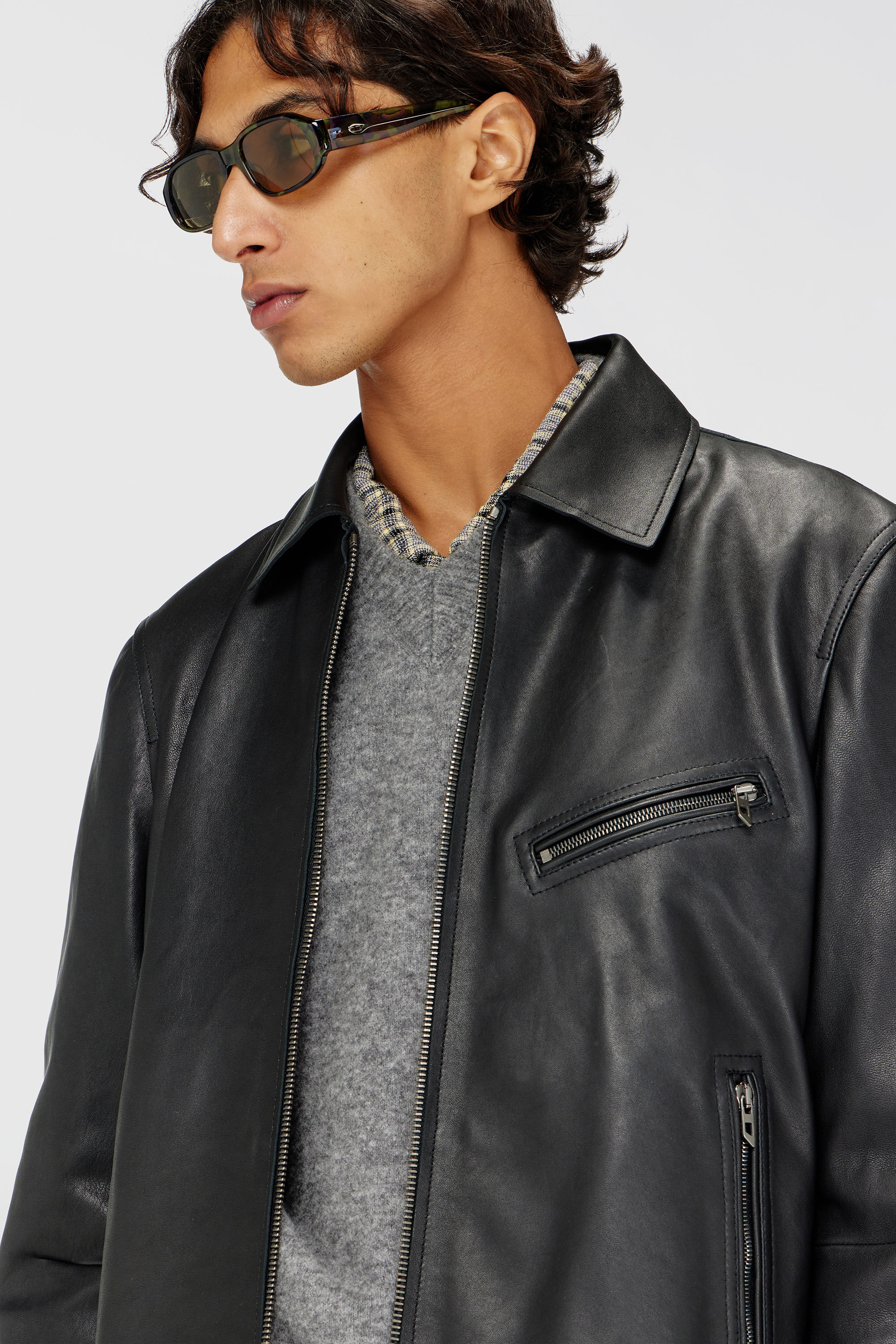 Men's Leather jacket with embossed Oval D | Black | Diesel HU
