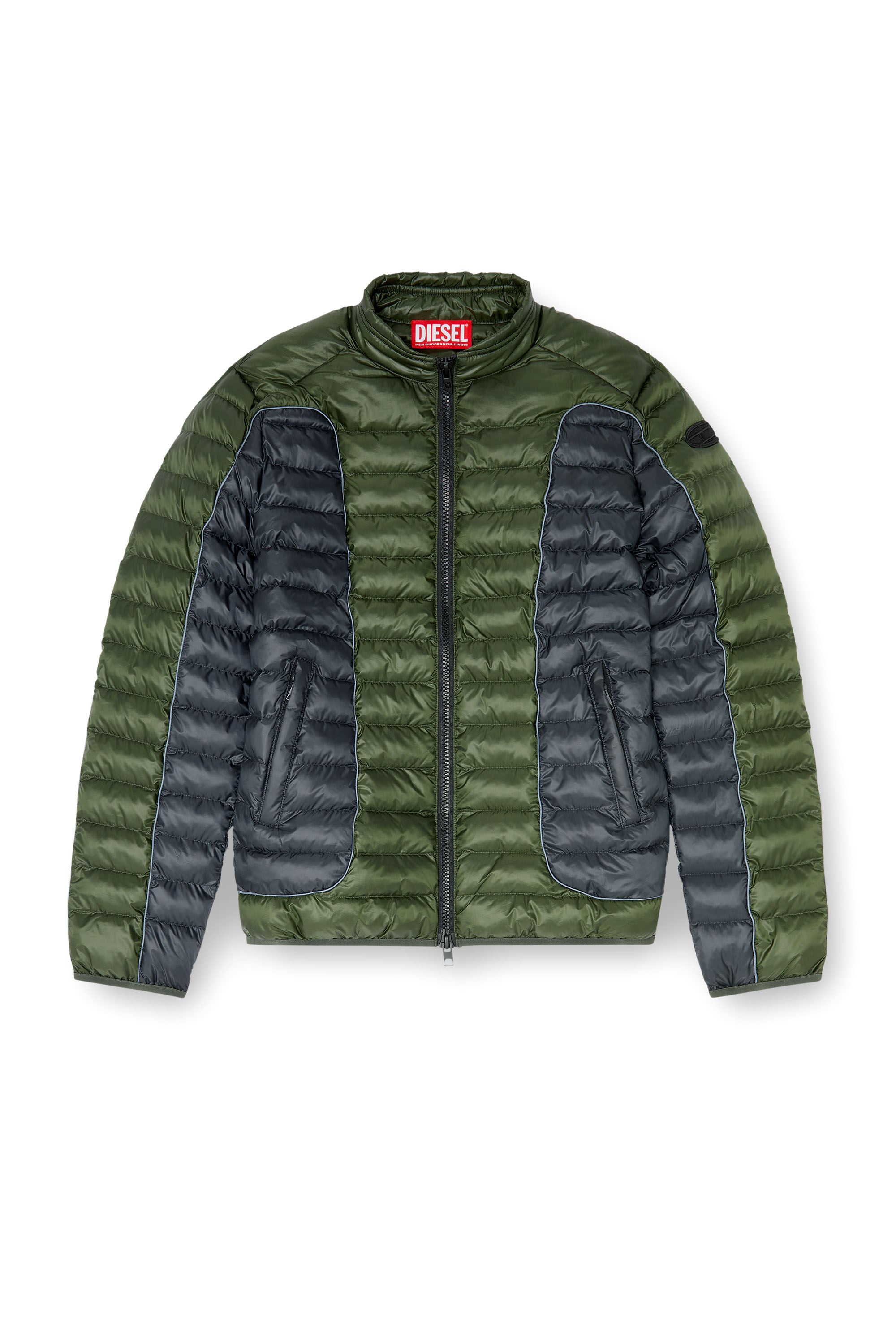 Diesel - W-PILOT-BLOCK, Man's Biker-style puffer jacket with colour-block design in Grey/Green - 2