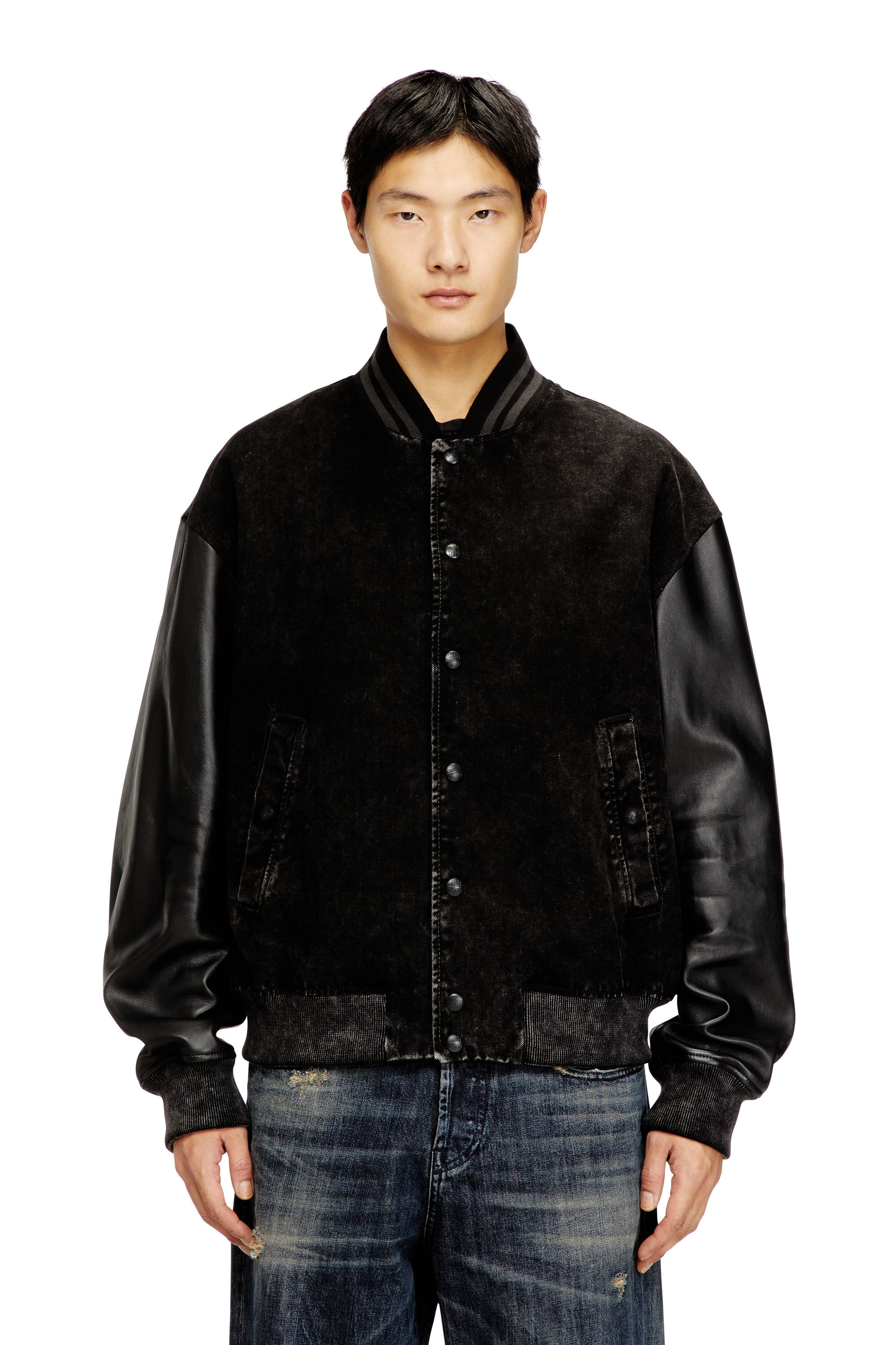 Men's Denim and leather bomber jacket | Black | Diesel