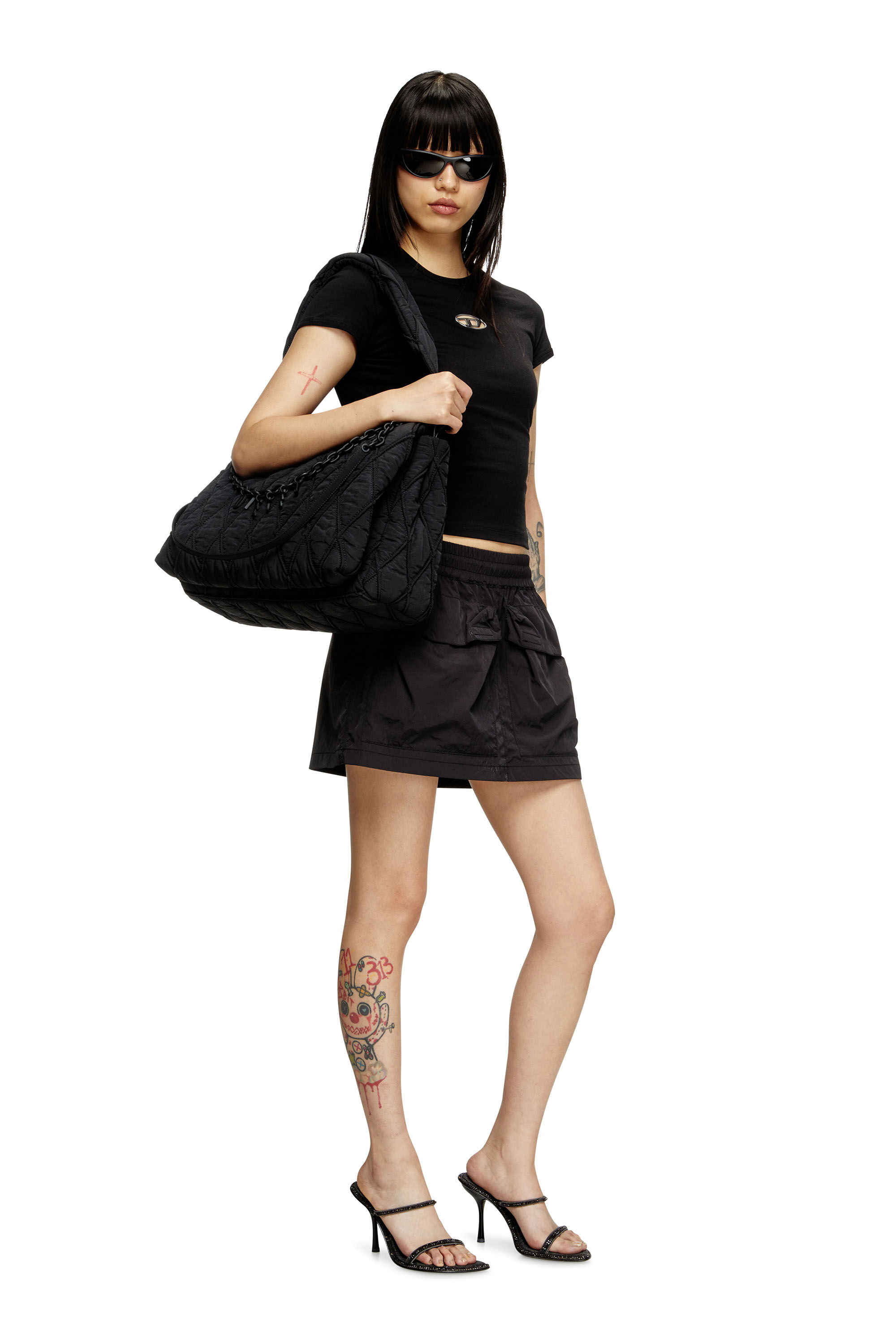 Women's Charm-D-Large shoulder bag in quilted washed nylon | Black