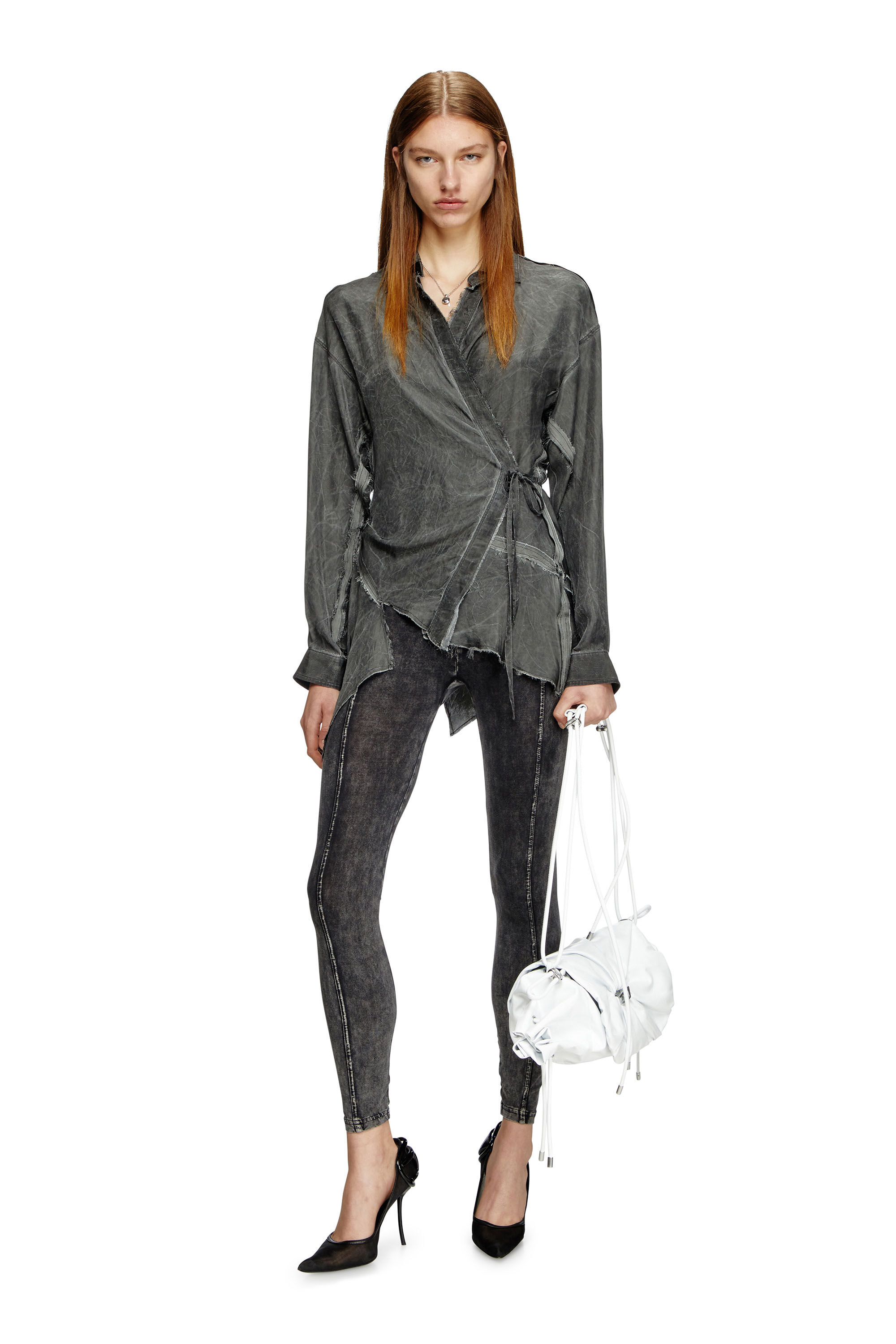 Women's Asymmetric wrap shirt in wrinkled twill | Black | Diesel