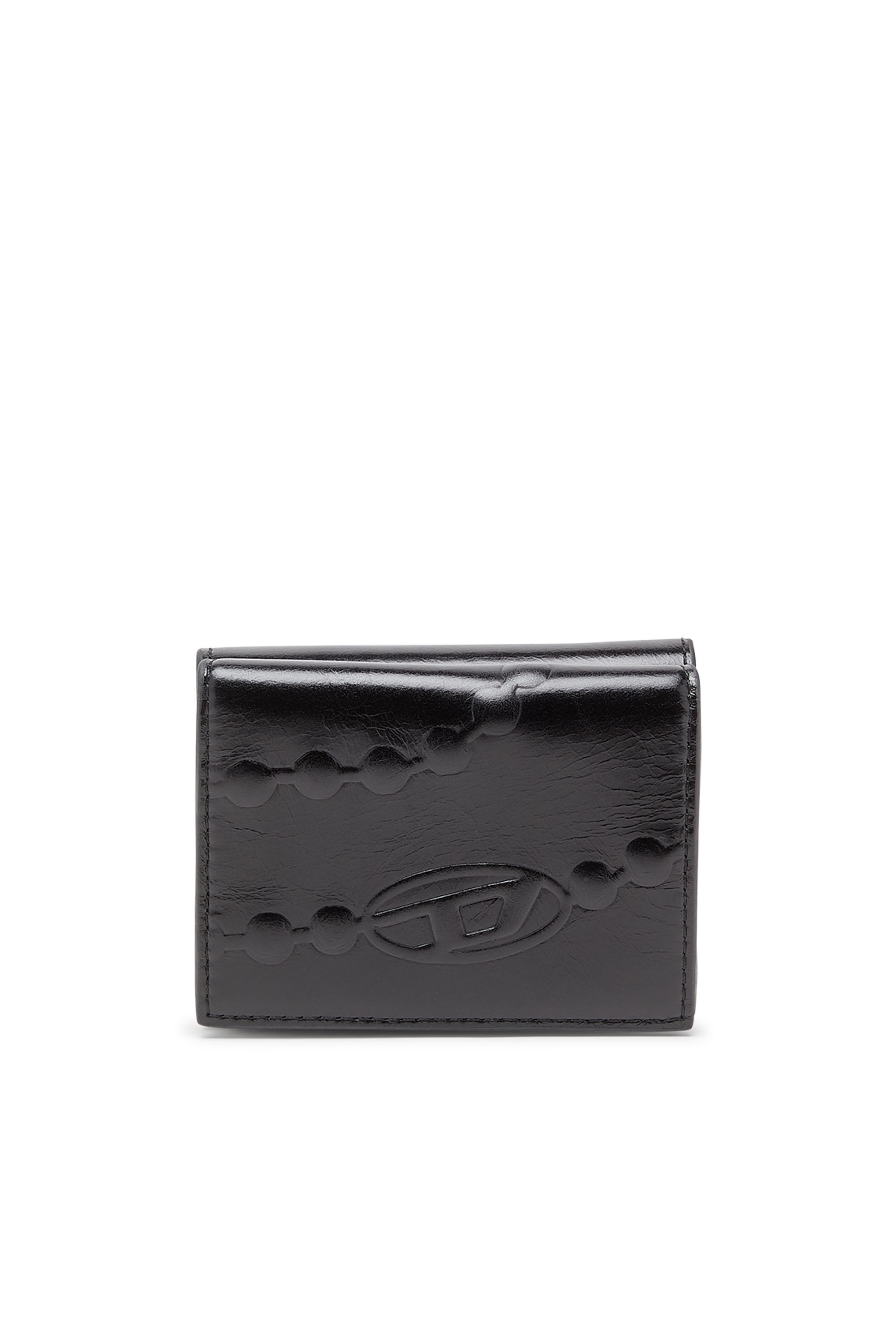 Women's Leather tri-fold wallet with embossed chain motif | Black