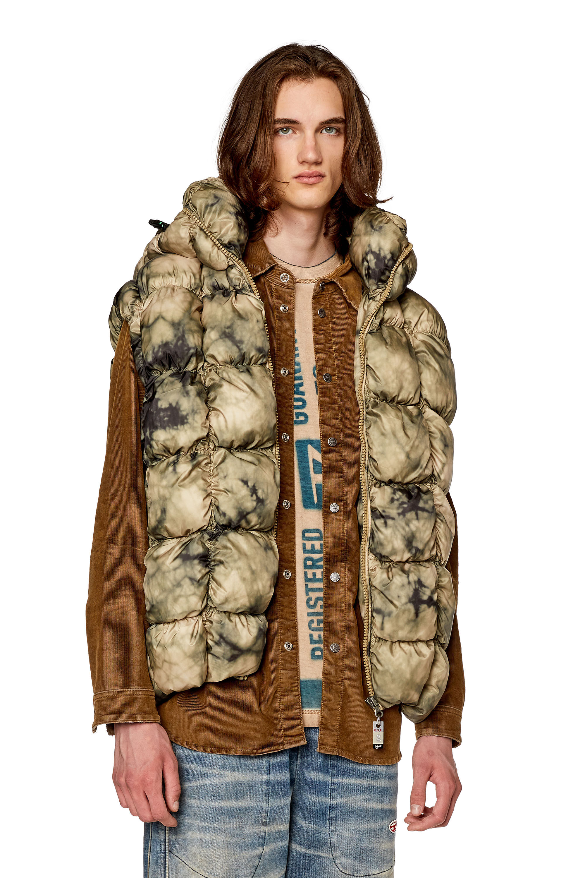 Diesel - W-RALLE-SL, Man's Padded vest jacket with hood in Beige - 3