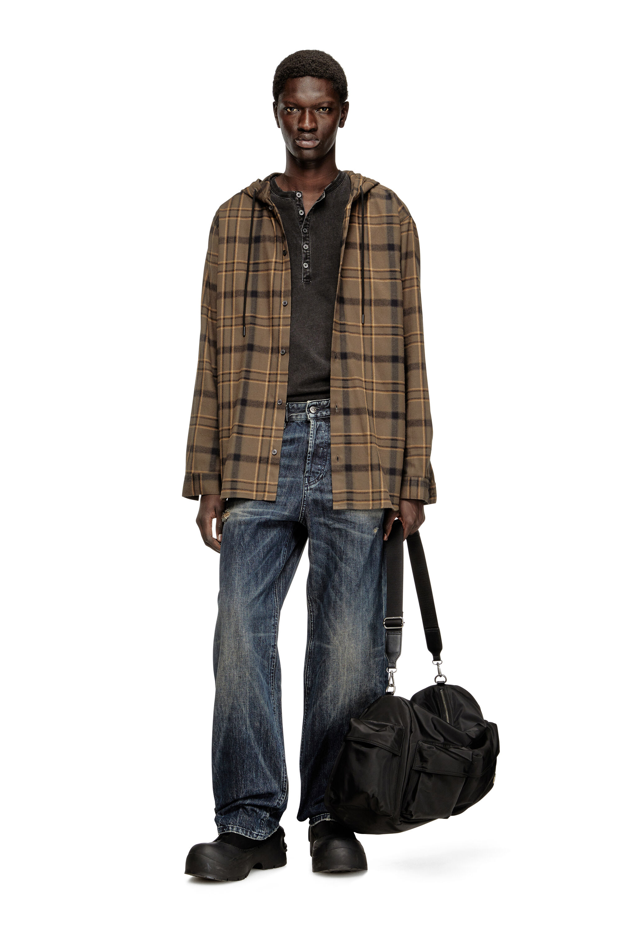 Men's Hooded shirt in check flannel with logo | Multicolor | Diesel HU