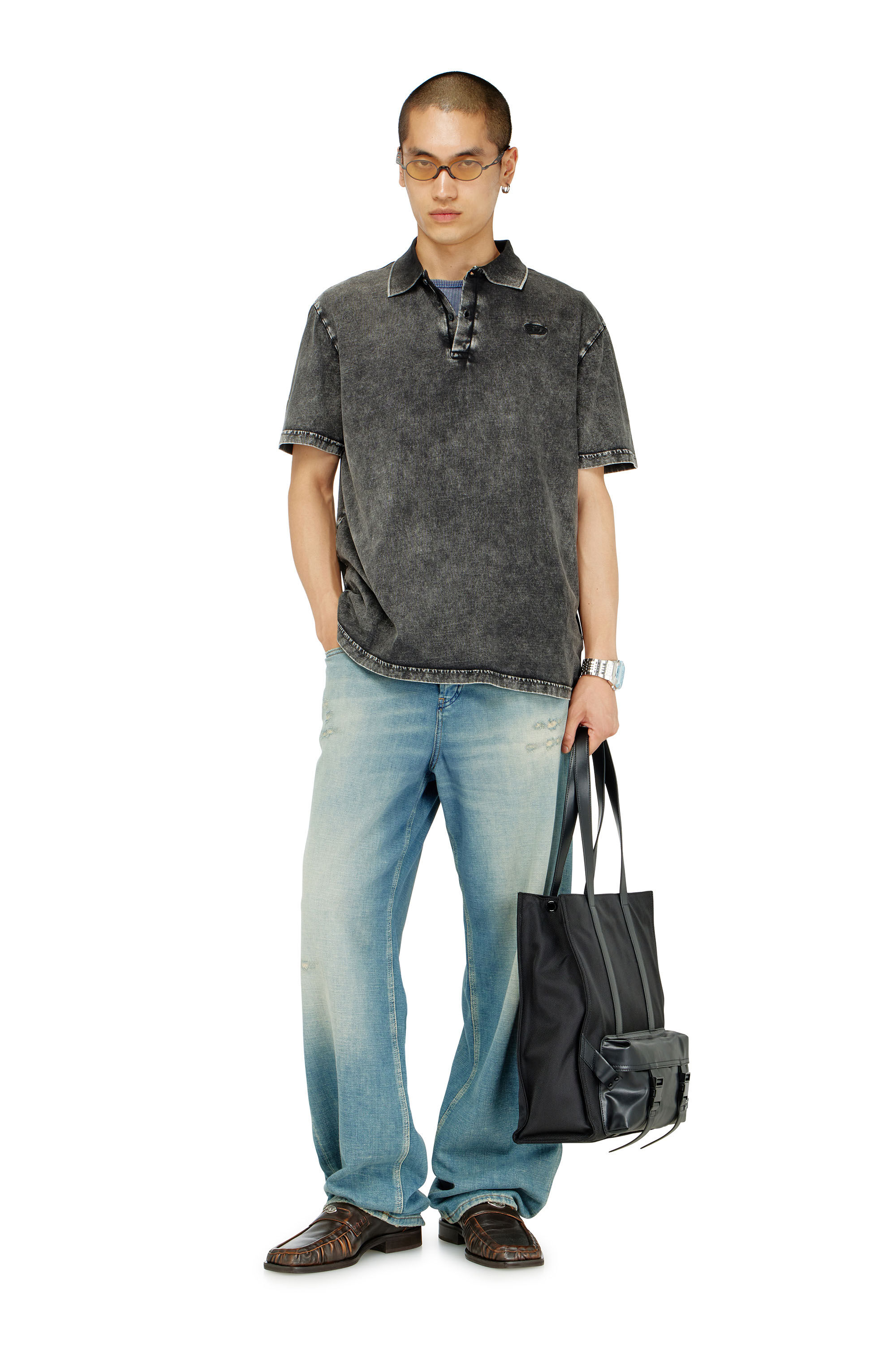 Diesel - T-REJUST-NC-DEN, Man's Polo shirt in denim-effect jersey in Dark grey - 1