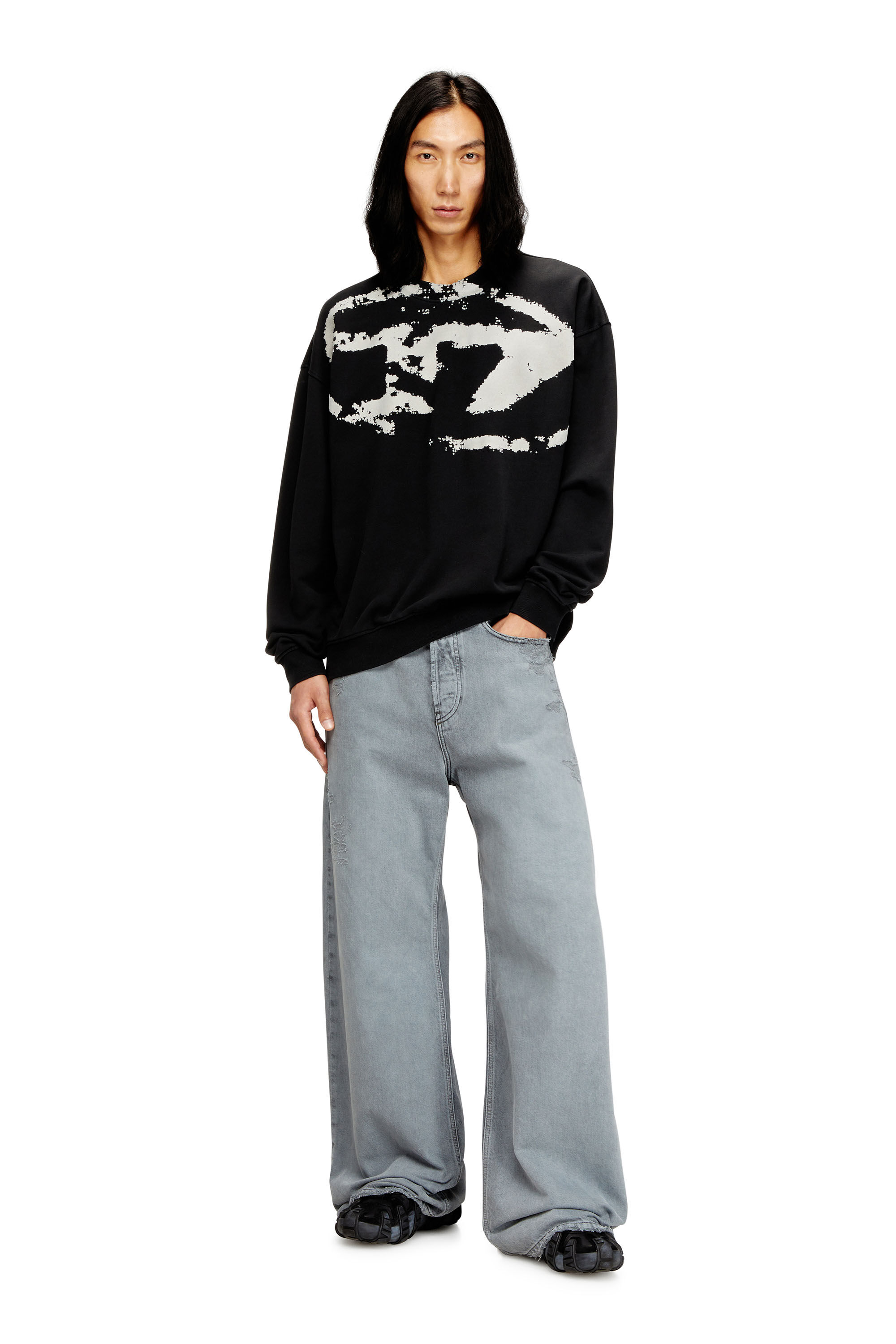 Men's Sweatshirt with distressed flocked logo | Black | Diesel