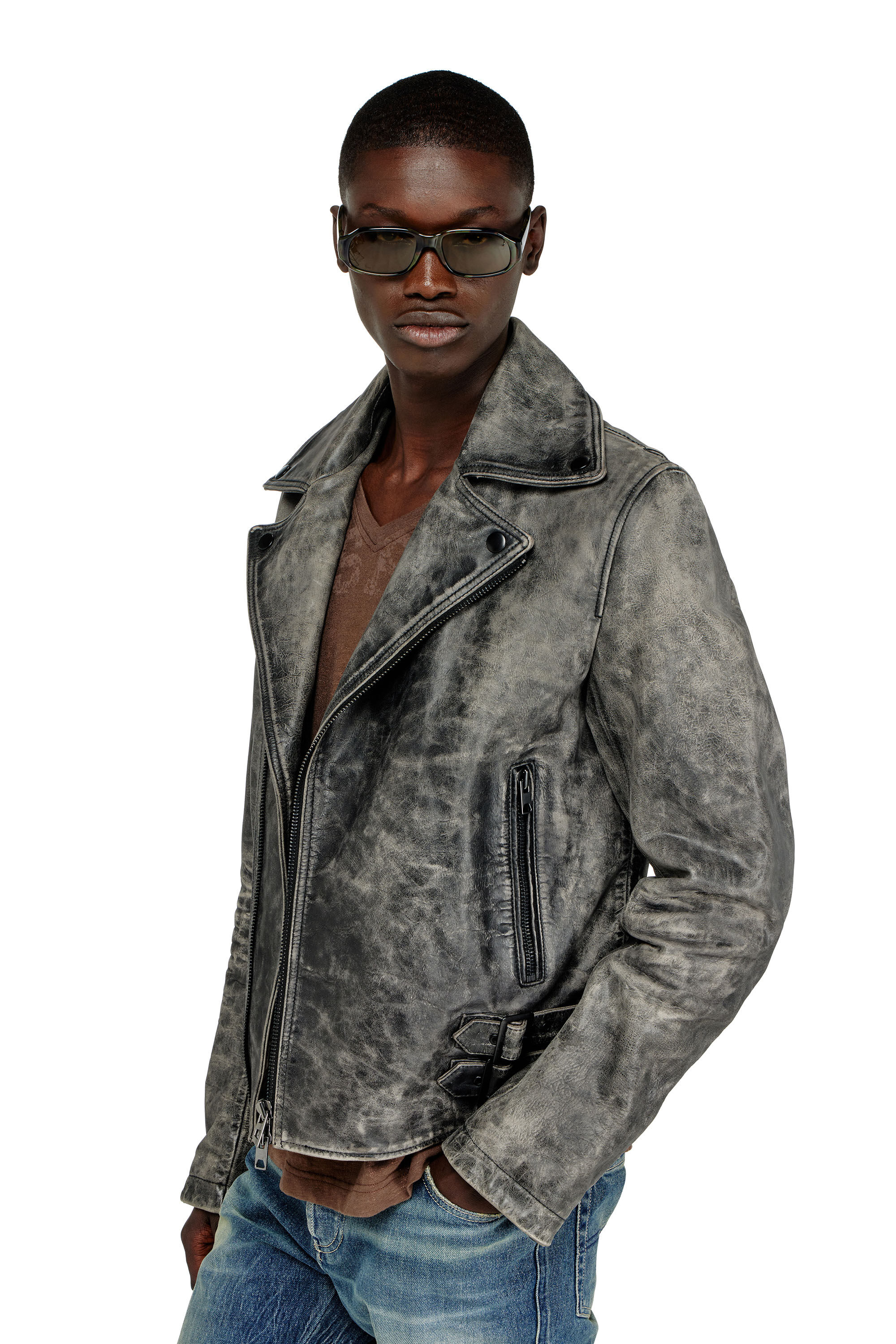 Diesel - L-EON-CJCM, Man's Biker jacket in treated leather in Dark grey - 5