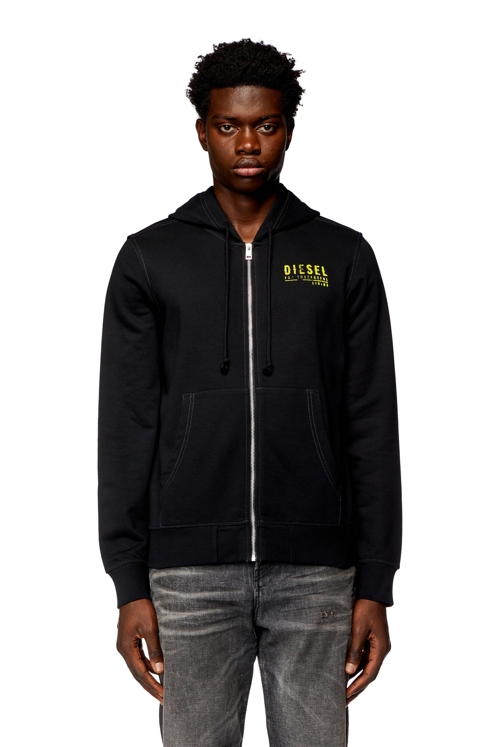 Diesel - S-GINN-HOOD-ZIP-K11, Man's Zip hoodie with mottled logo print in Black - 2