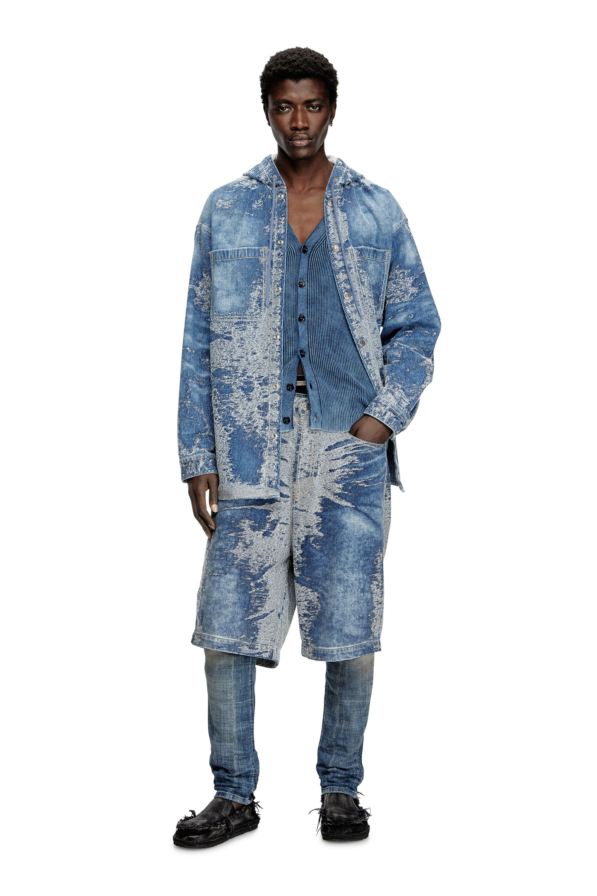 Diesel - D-DEWNYS-HOOD-S, Man's Overshirt in distressed jacquard denim in Medium blue - 1