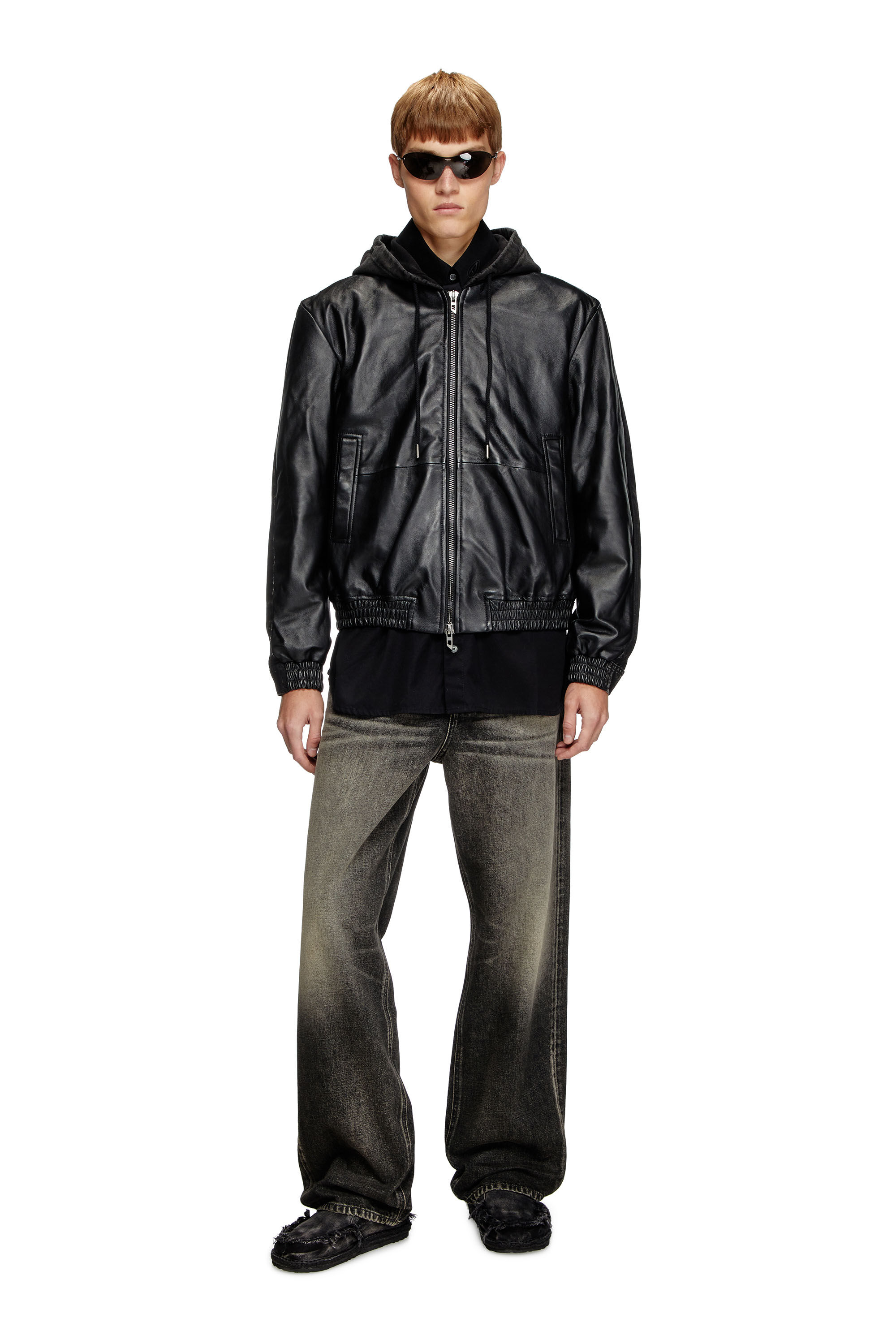 Men's Hooded jacket in leather, cotton and denim | Black | Diesel HU