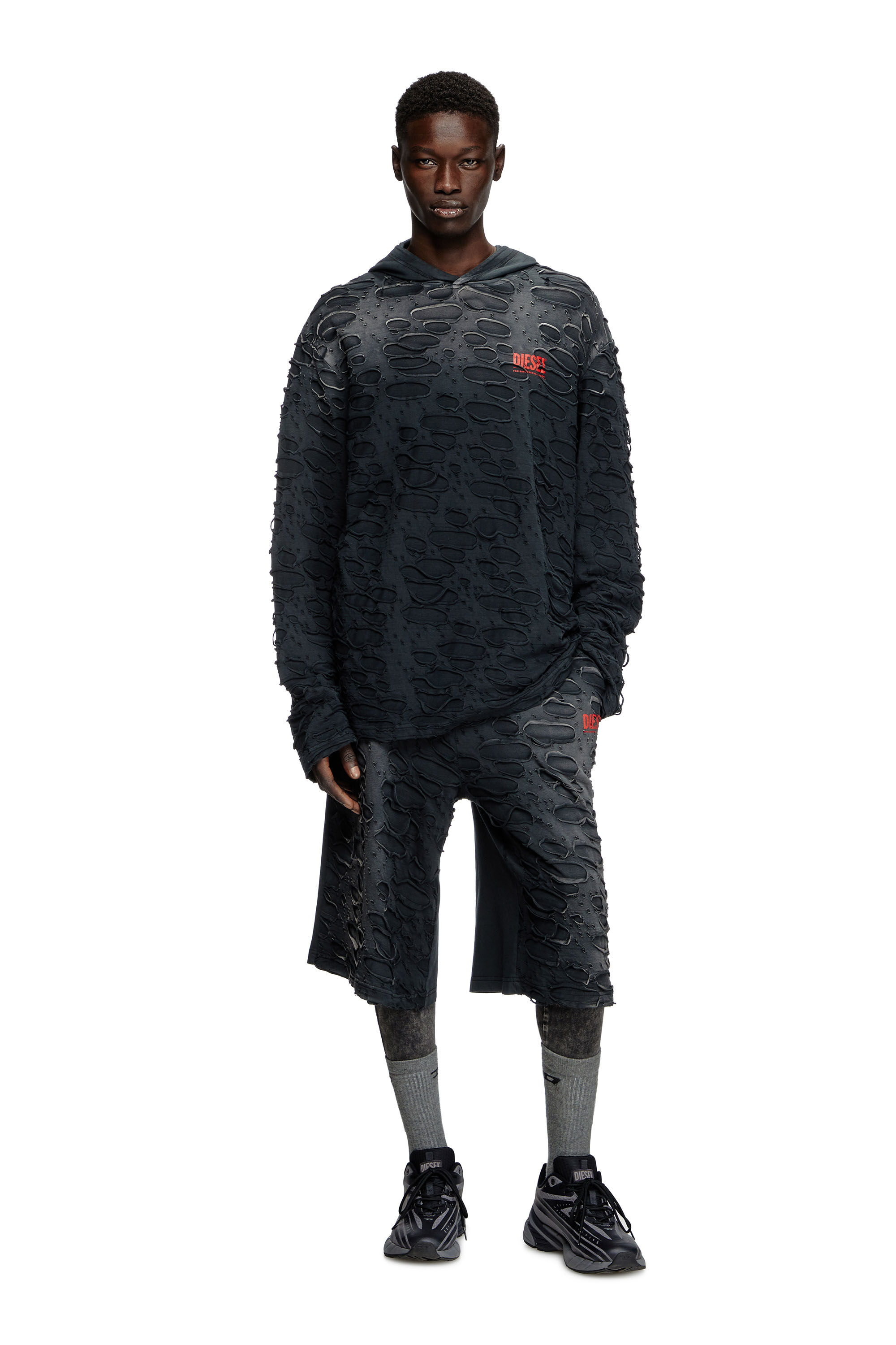 Men's Hooded long-sleeve T-shirt with holes | Black | Diesel