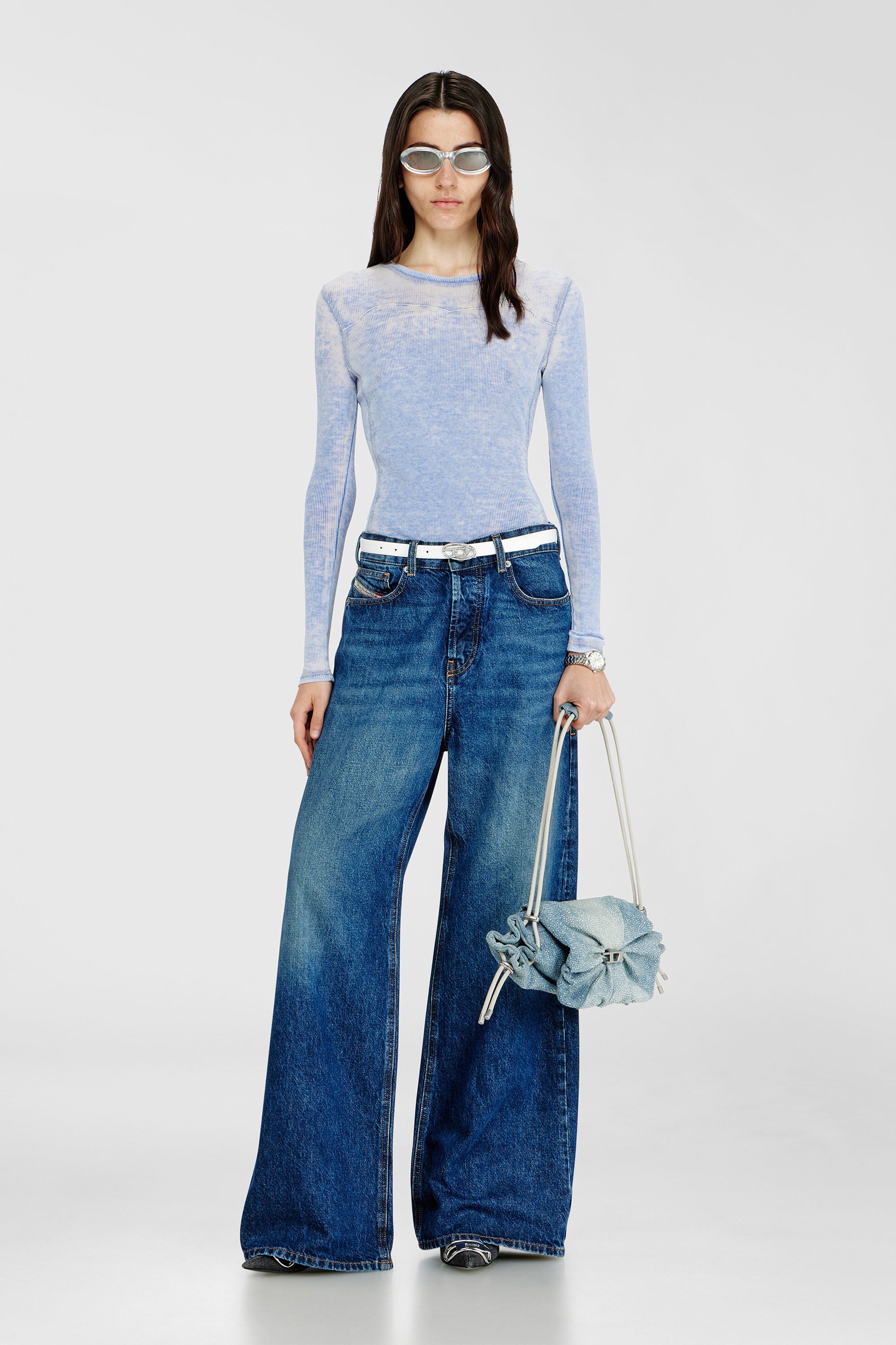 Diesel - SCRUNCH-D SHOULDER S, Woman's Scrunch-D - Shoulder bag in denim with transparent crystals in Blue - 1