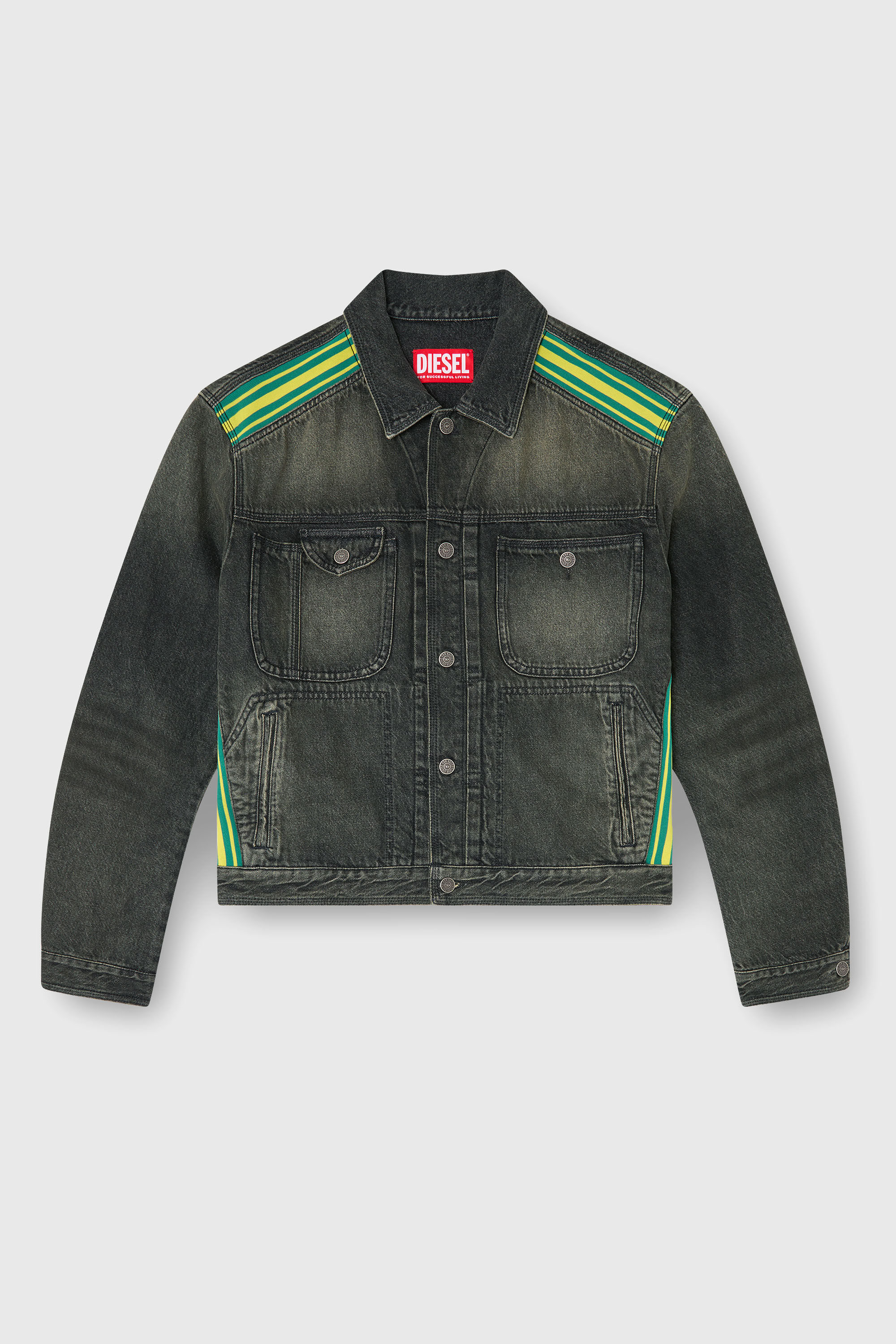 Diesel - D-BAS-FSJ1, Man's Trucker jacket with striped shoulder bands in Dark grey - 2