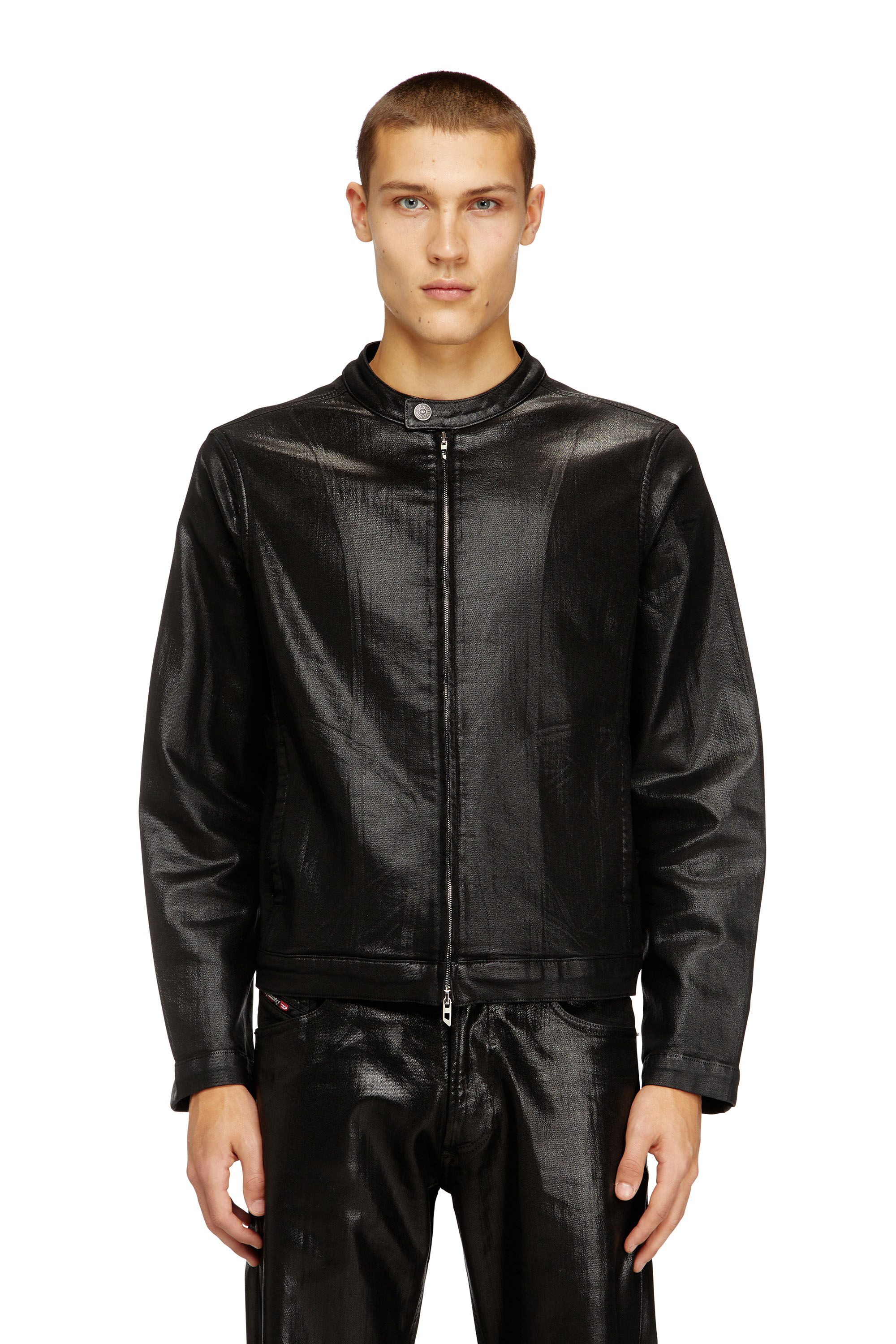 Men's Moto jacket in shiny coated JoggJeans | Black | Diesel HU