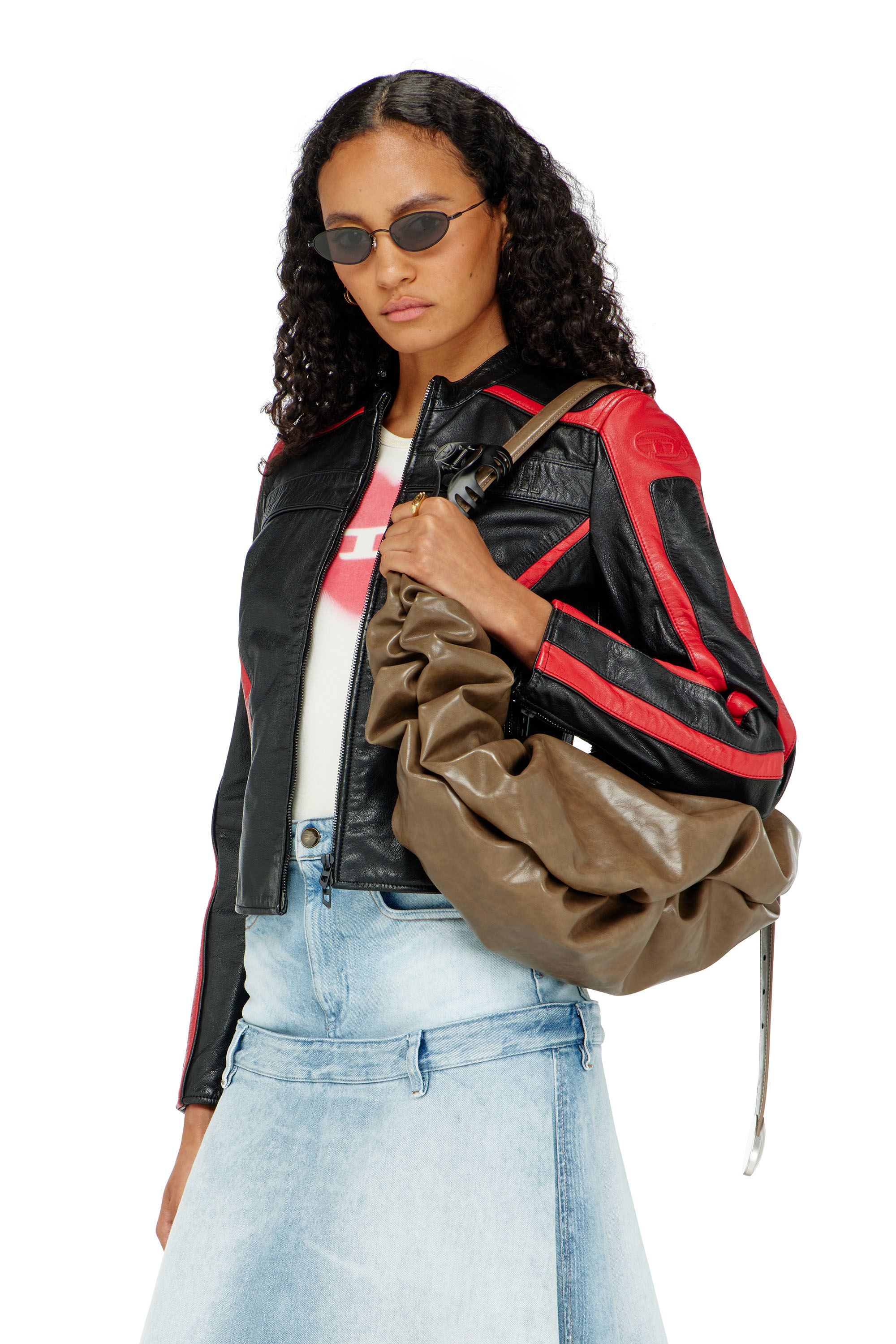 Diesel - L-OVABLE, Woman's Biker jacket in colour-block leather in Black/Red - 3