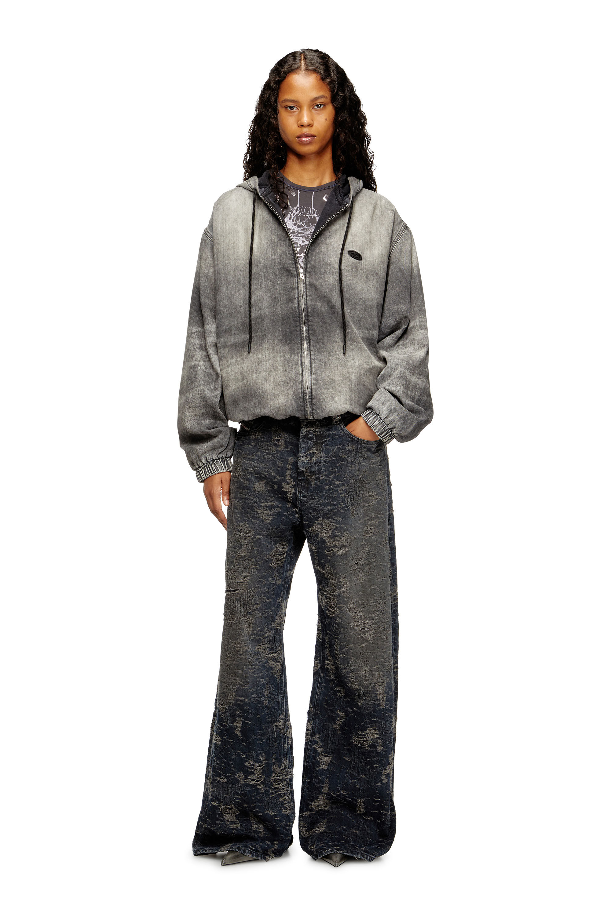 Women's Hooded jacket in marbled coated denim | Black | Diesel