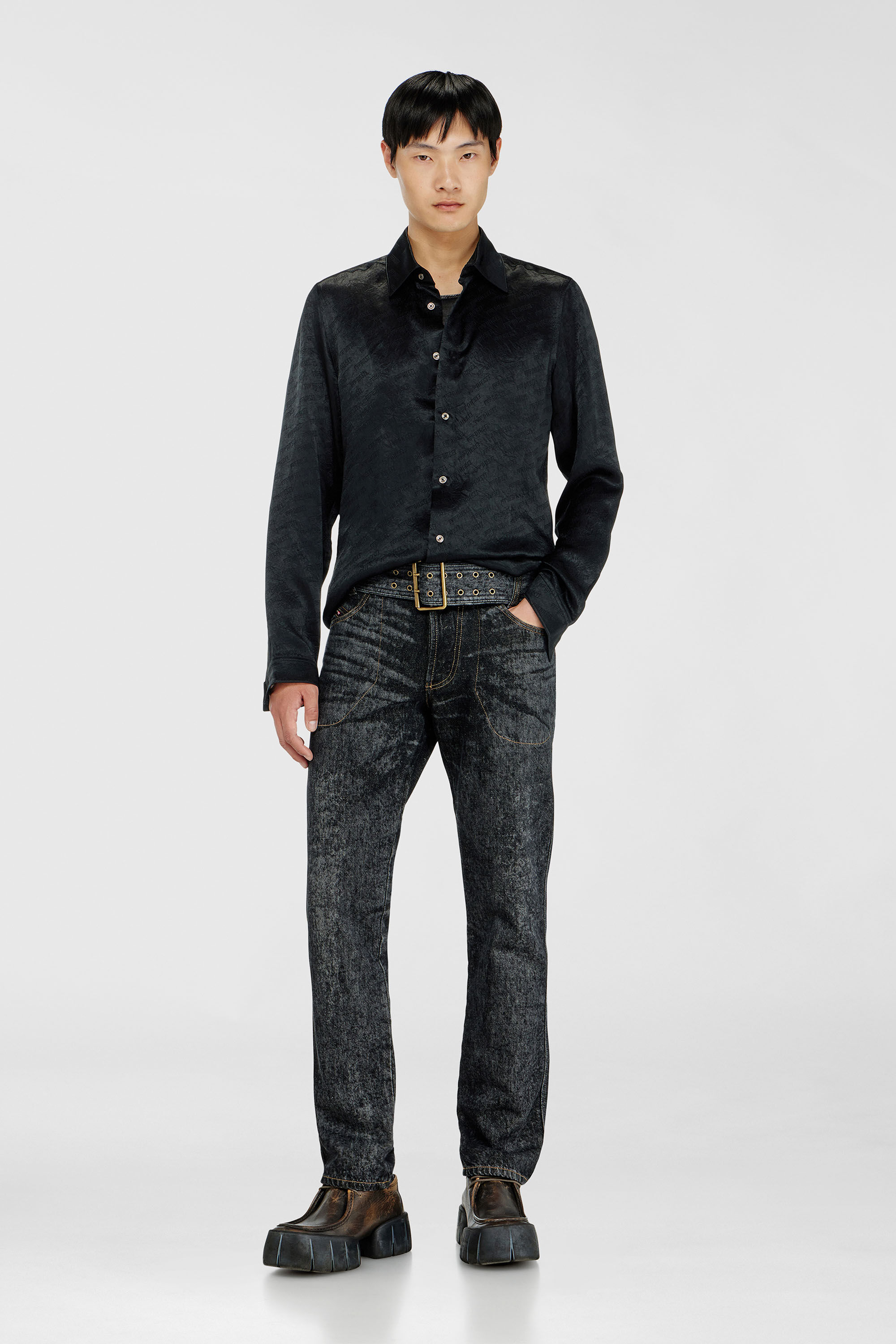 Diesel - S-KINNY-EFBZ, Man's Shirt in logo-jacquard crinkled satin in Black - 1