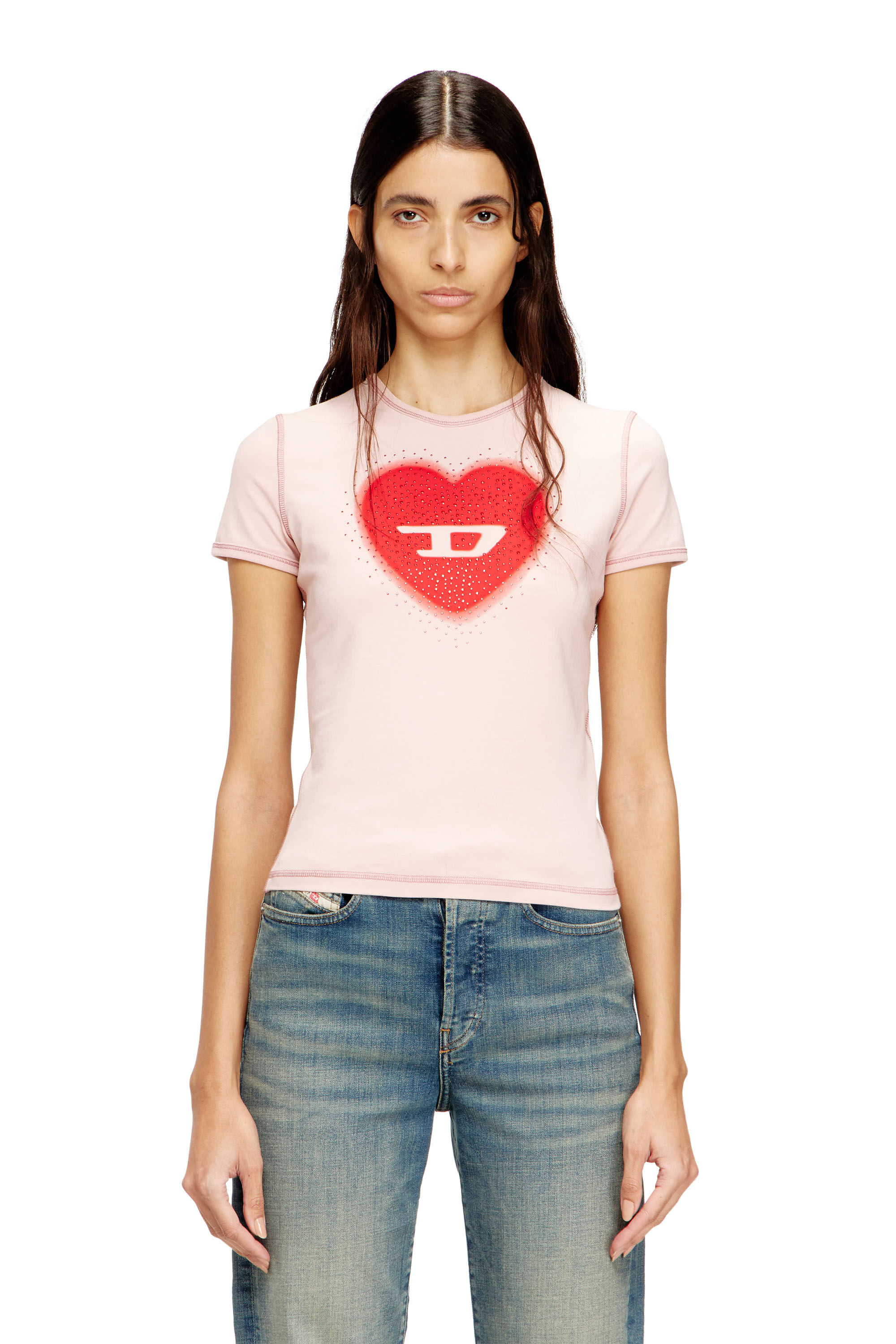 Women's Slim T-shirt with heart print and studs | Pink | Diesel