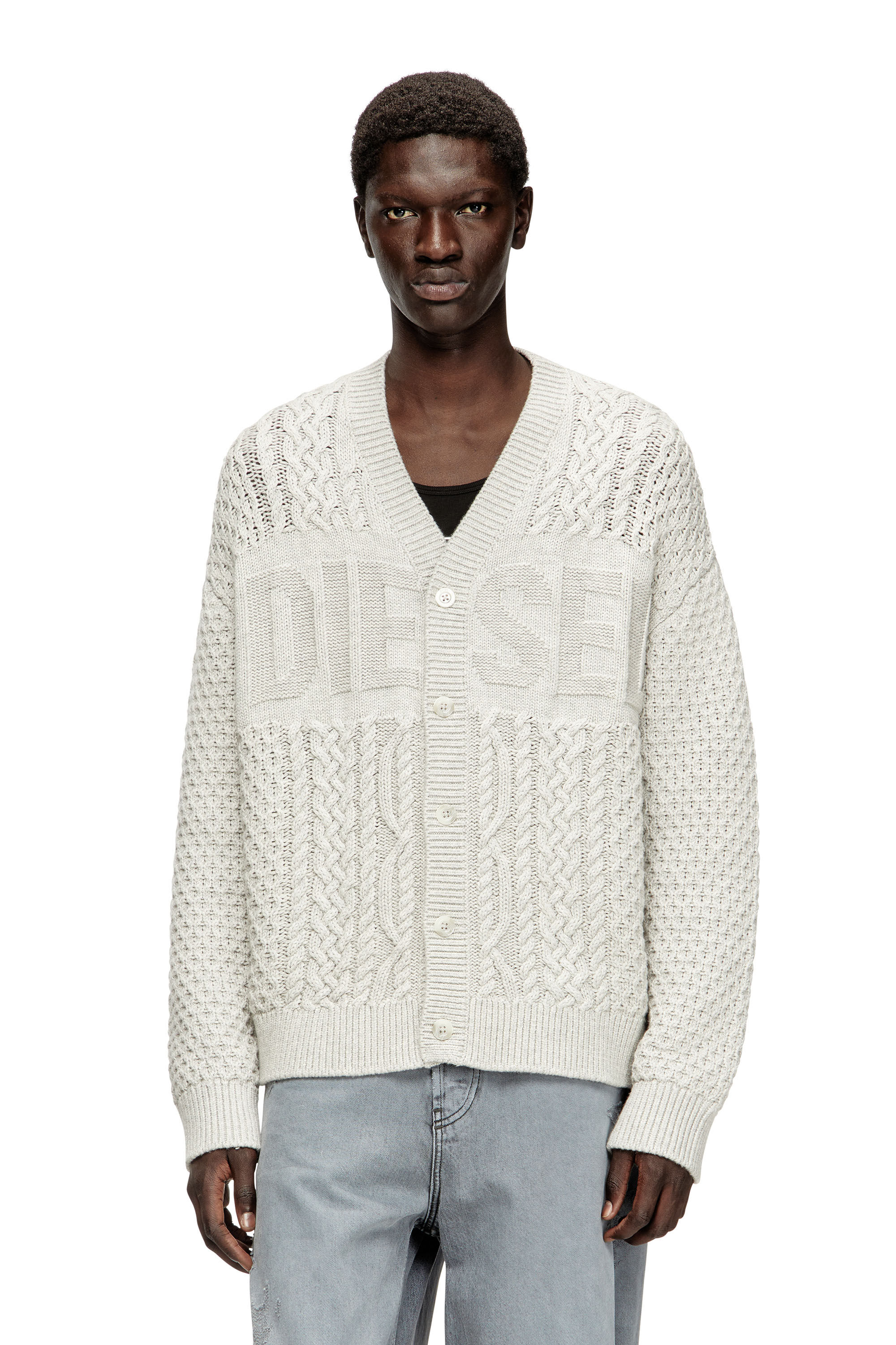 Men's Cable-knit cardigan with Diesel logo | Grey | Diesel HU