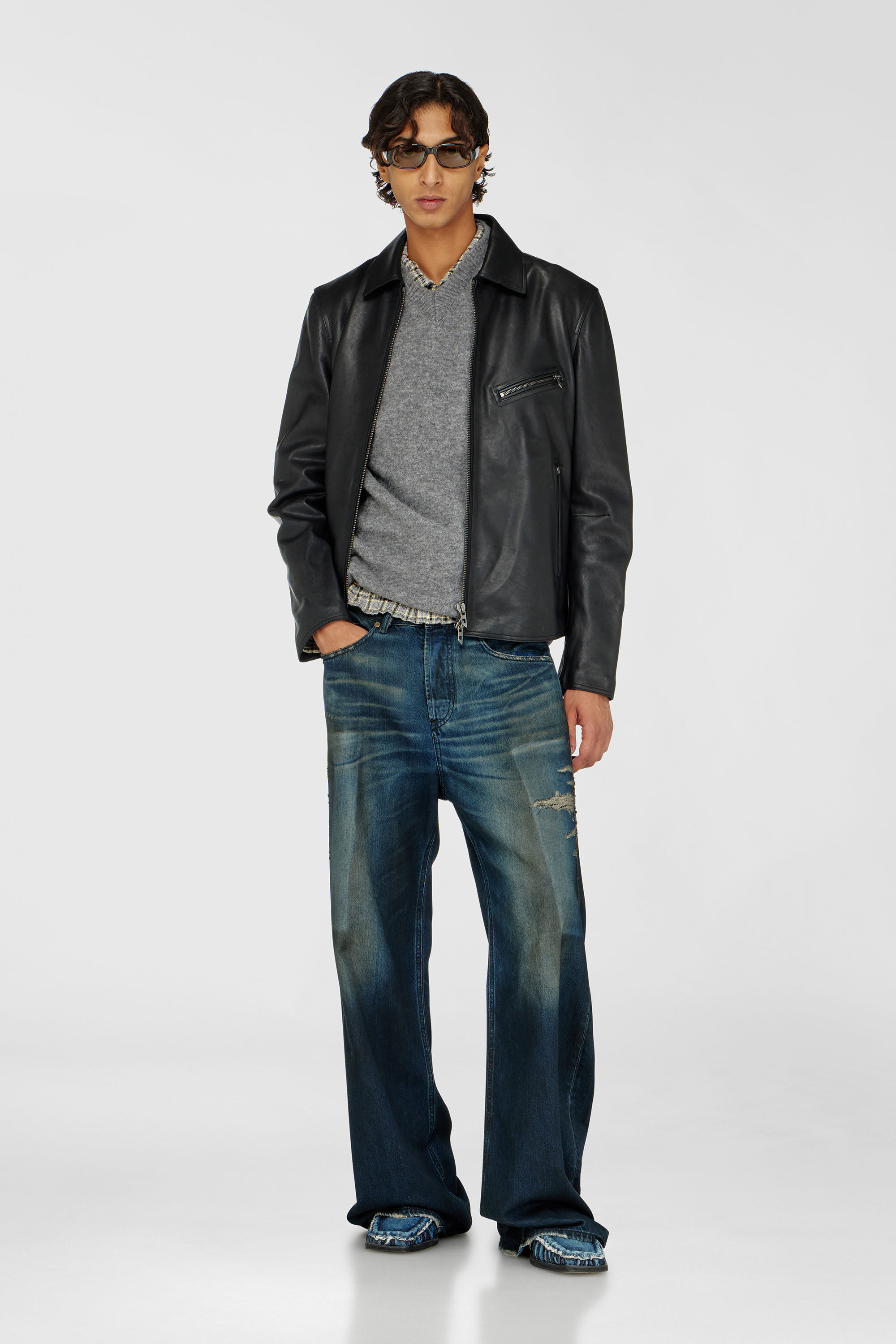 Men's Leather jacket with embossed Oval D | Black | Diesel HU