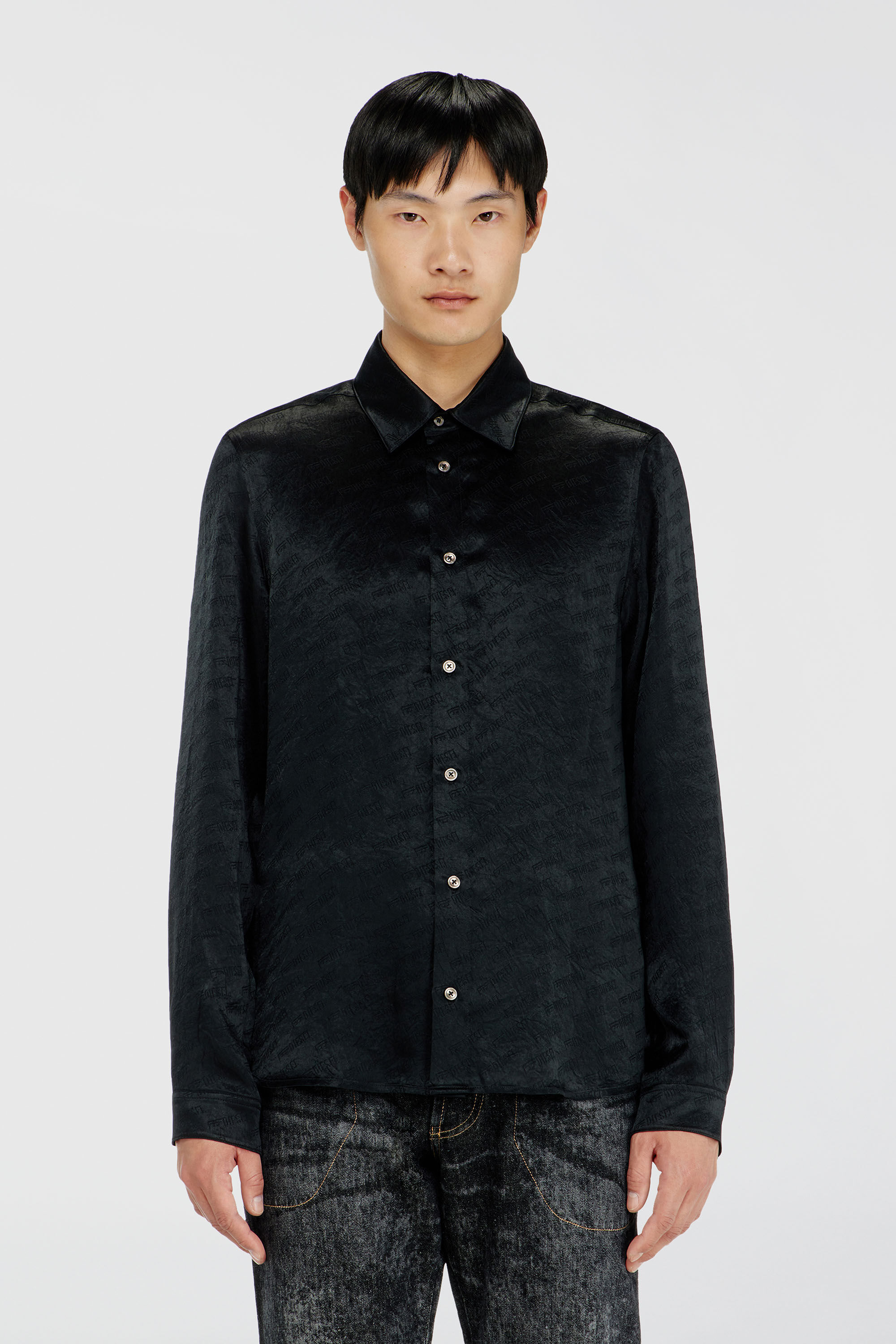Diesel - S-KINNY-EFBZ, Man's Shirt in logo-jacquard crinkled satin in Black - 3