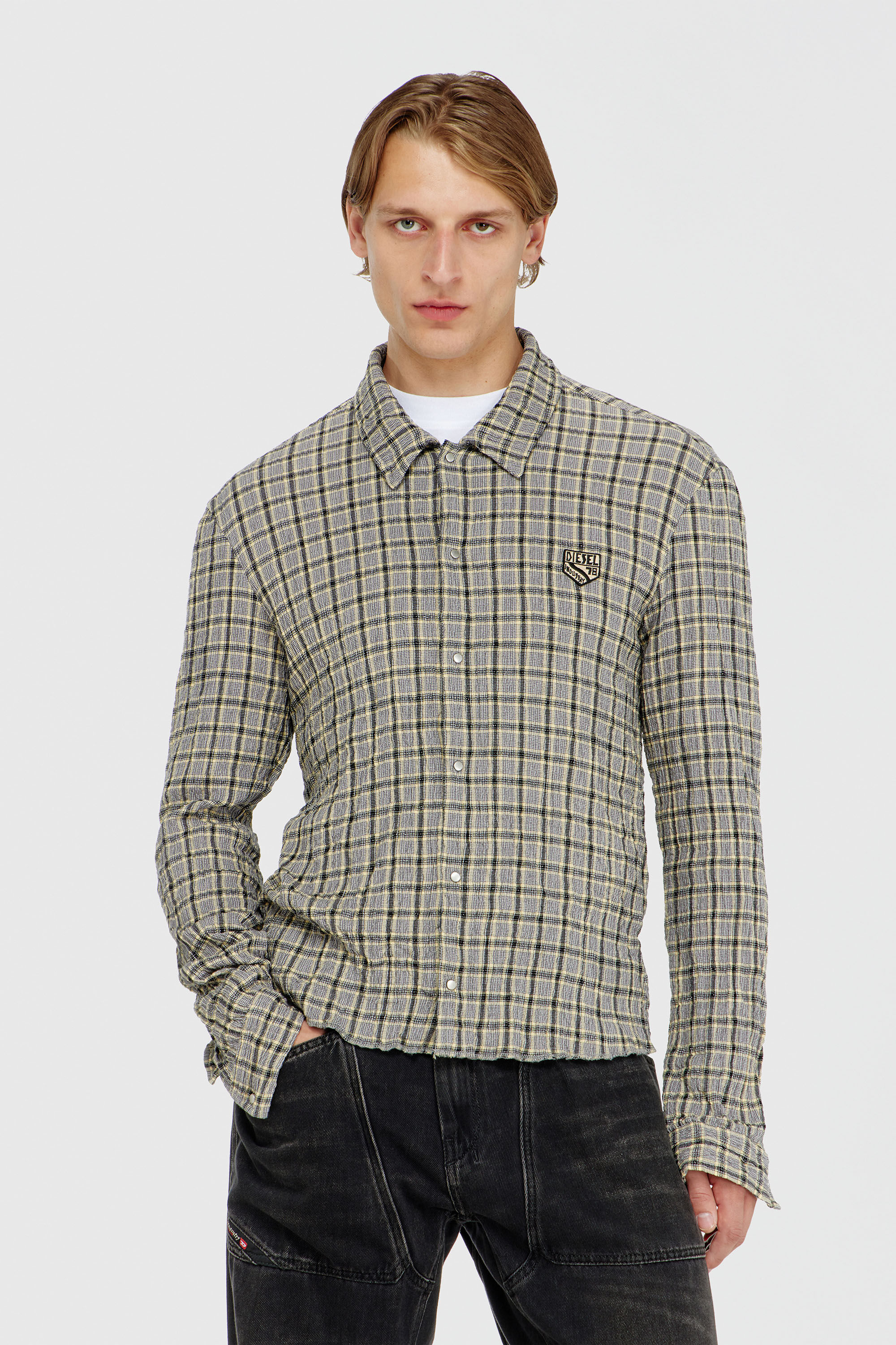 Diesel - S-SEERK, Man's Check shirt with seersucker effect in Green/Grey - 3