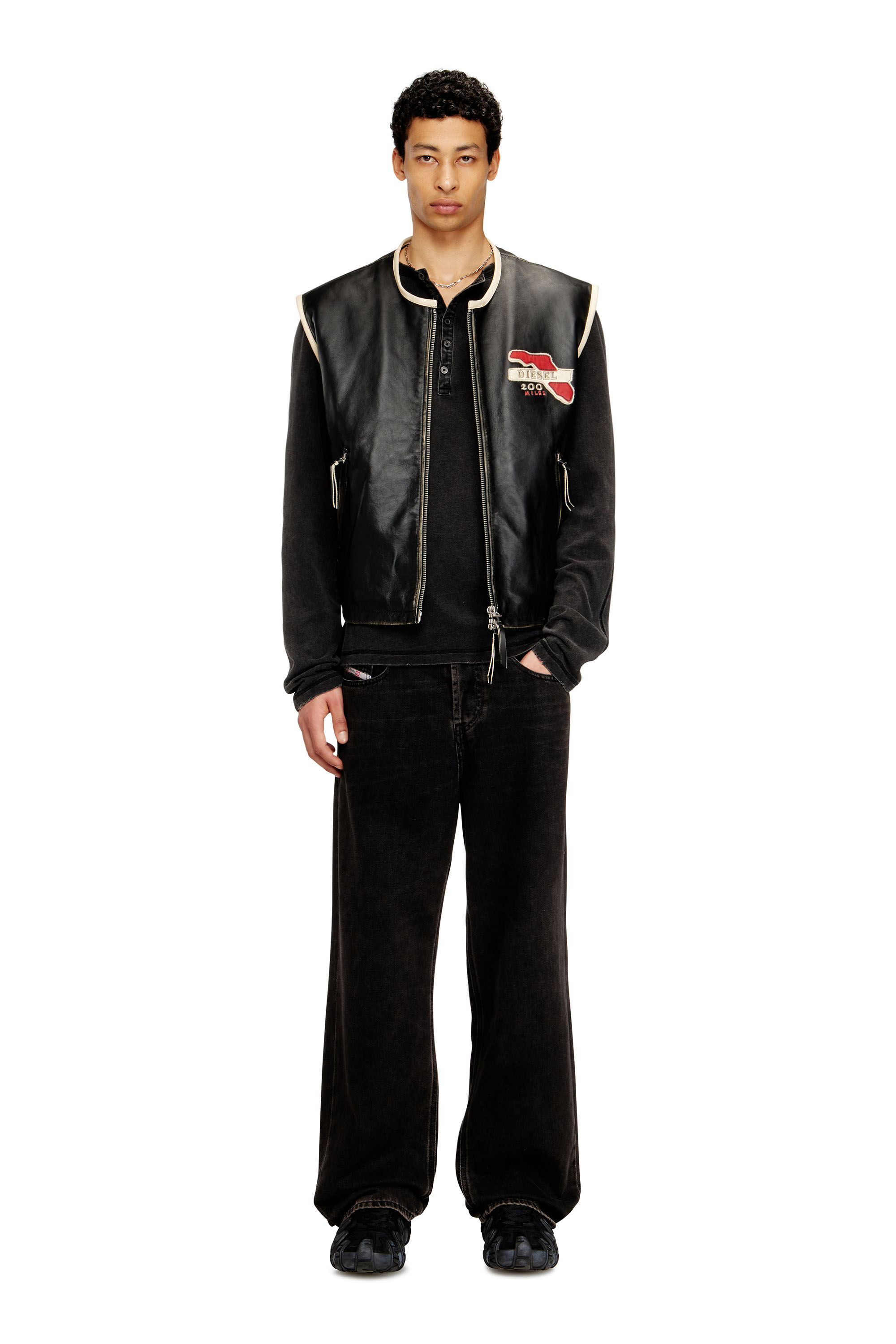 Men's Leather vest with embroidered patches | Black | Diesel
